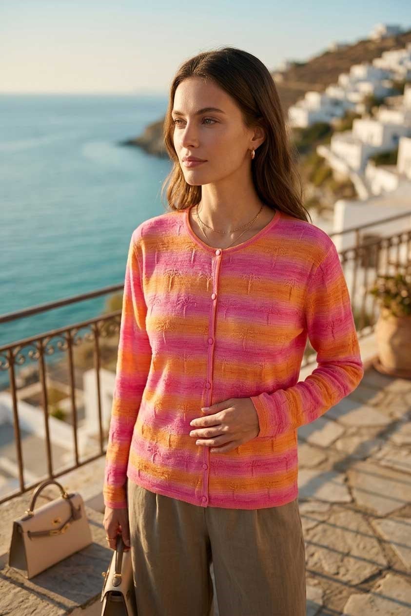 Peraluna Sunset Bloom Hırka, Kadın Yazlık Ince Triko Hırka - Pembe Turuncu Multi