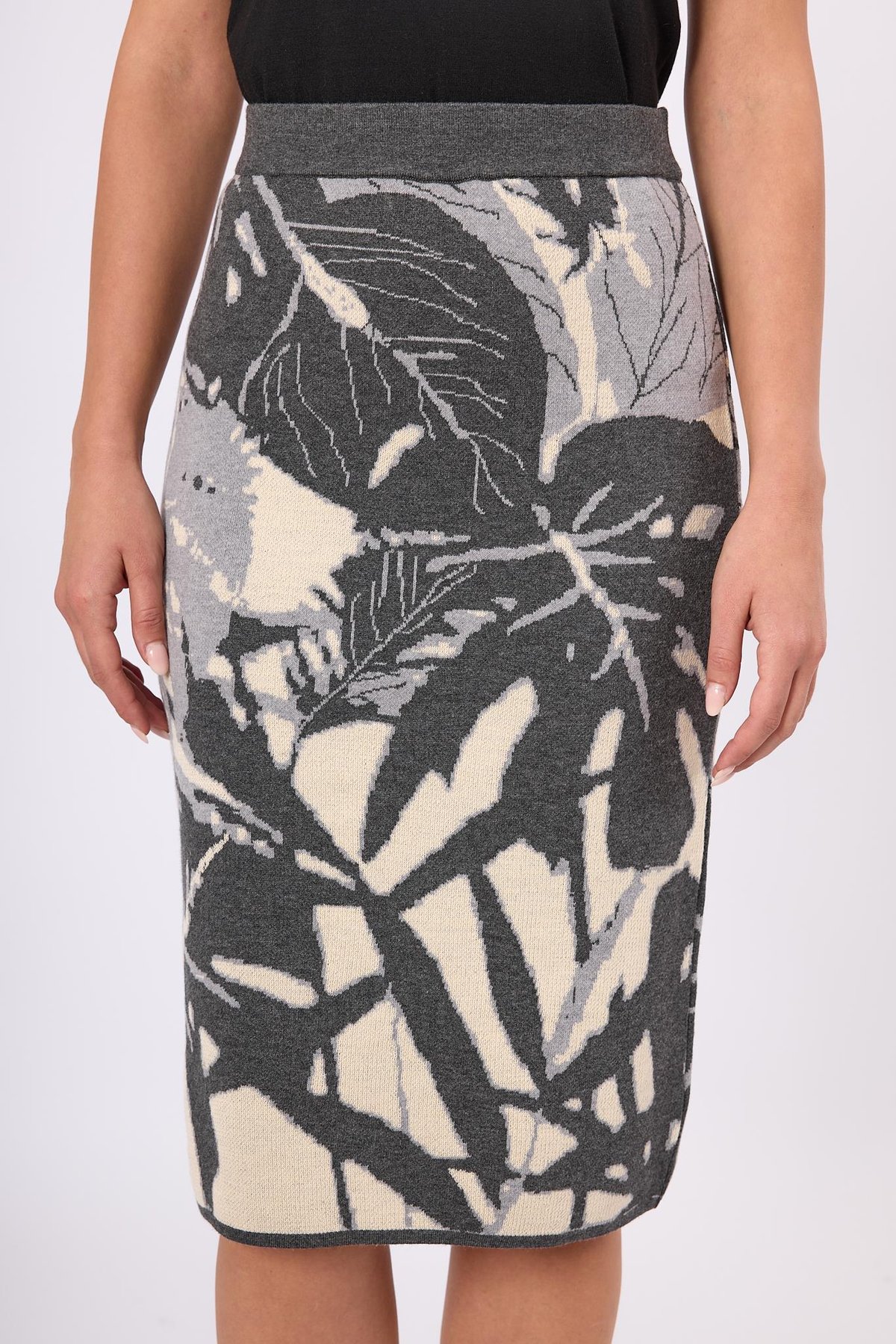 Peraluna Susan Jakarlı Diz Altı Triko Etek - Ekru/Antrasit