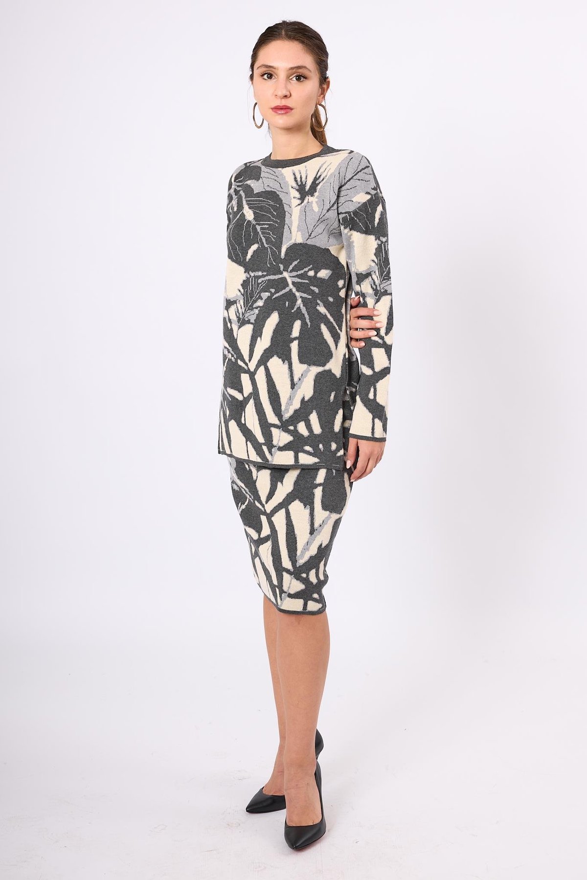 Peraluna Susan Jakarlı Diz Altı Triko Etek - Ekru/Antrasit