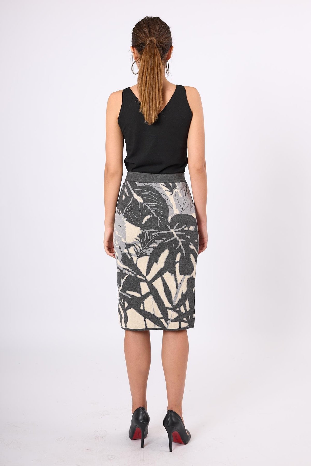 Peraluna Susan Jakarlı Diz Altı Triko Etek - Ekru/Antrasit