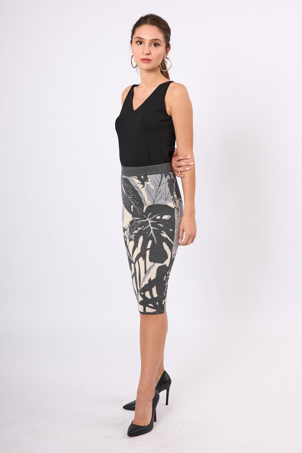 Peraluna Susan Jakarlı Diz Altı Triko Etek - Ekru/Antrasit