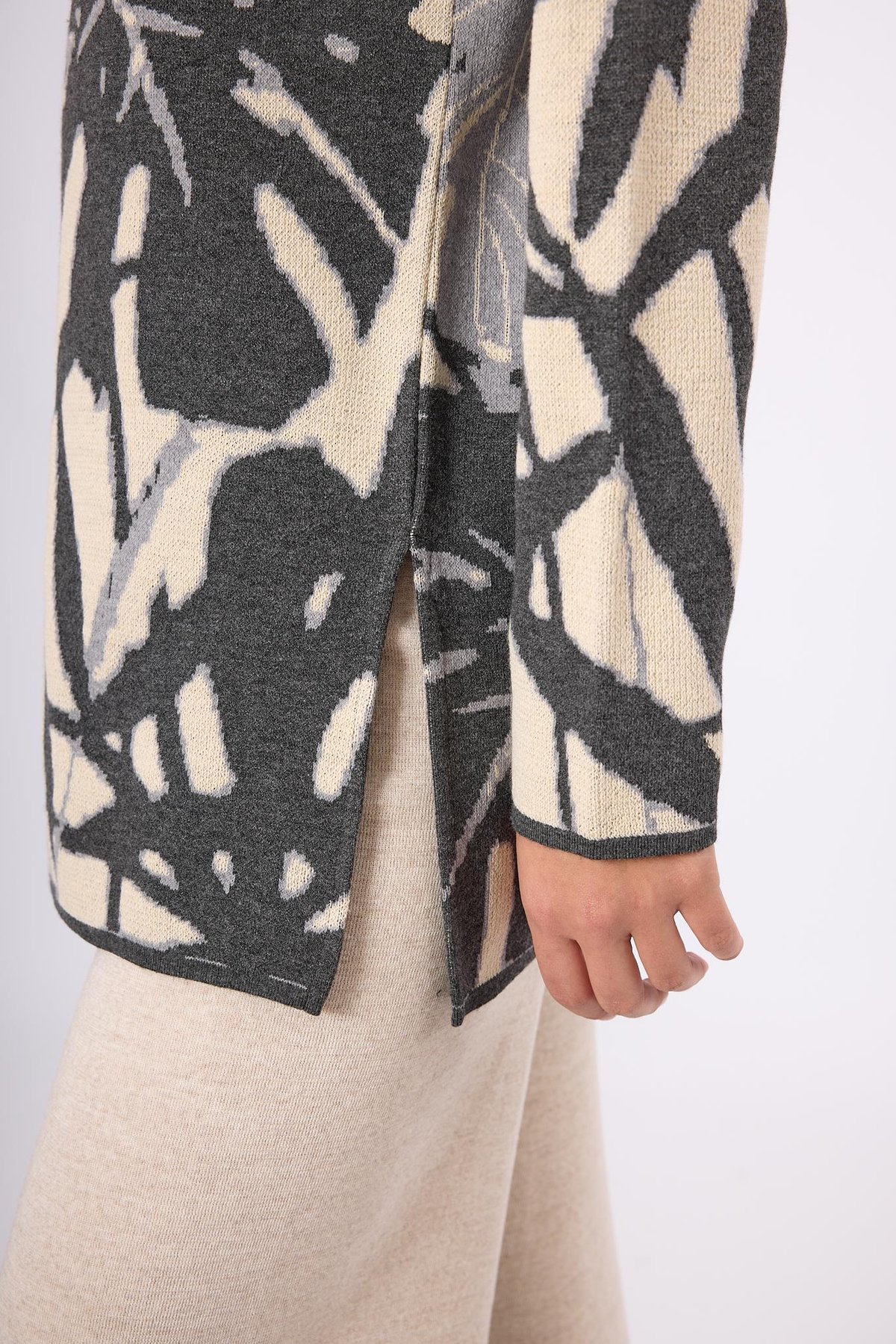 Peraluna Susan Jakarlı Kadın Triko Tunik - Ekru/Antrasit