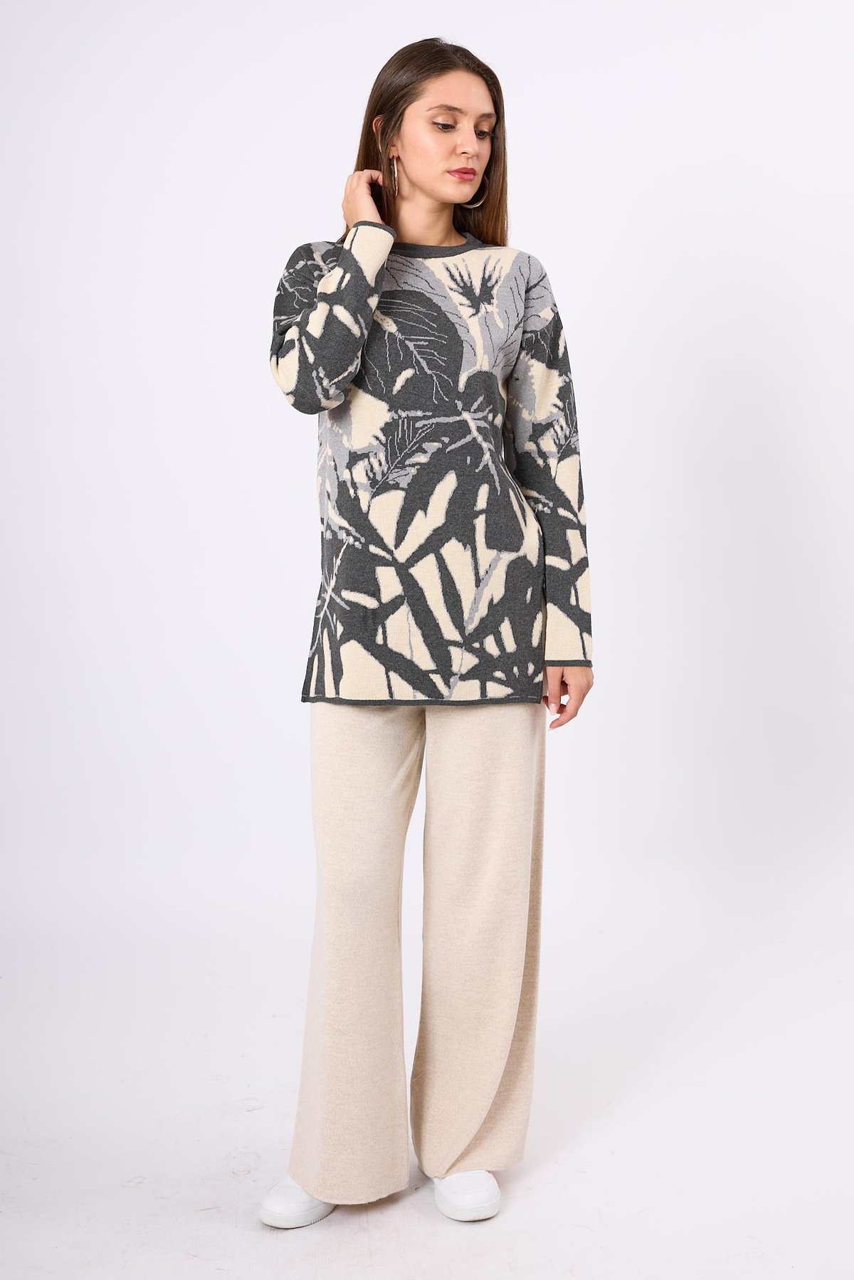 Peraluna Susan Jakarlı Kadın Triko Tunik - Ekru/Antrasit