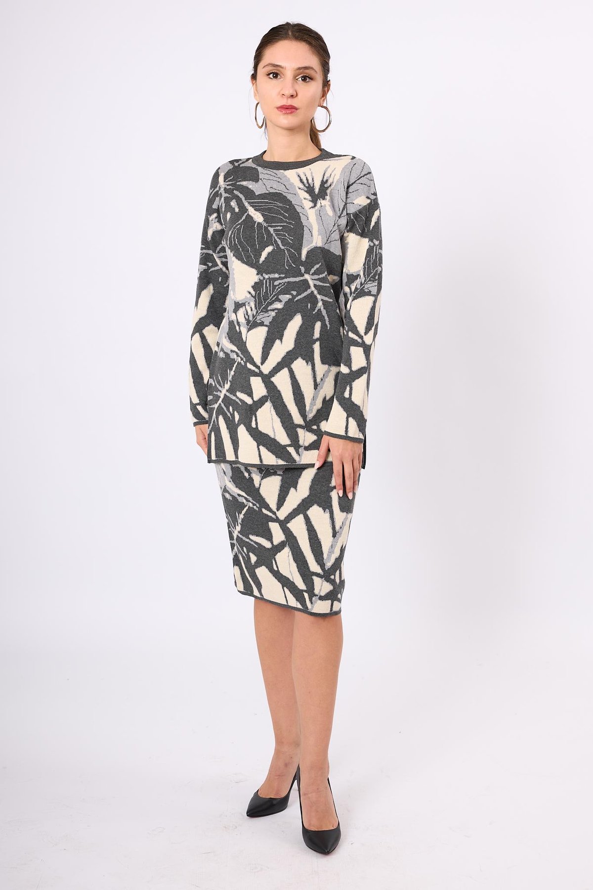 Peraluna Susan Jakarlı Kadın Triko Tunik - Ekru/Antrasit