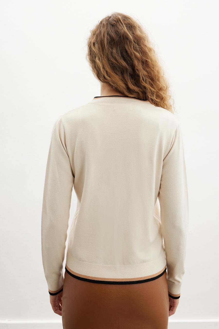 Peraluna SUZANNE CARDIGAN Çizgi Detaylı Bisiklet Yaka Düğmeli Kadın Triko Hırka - Bej