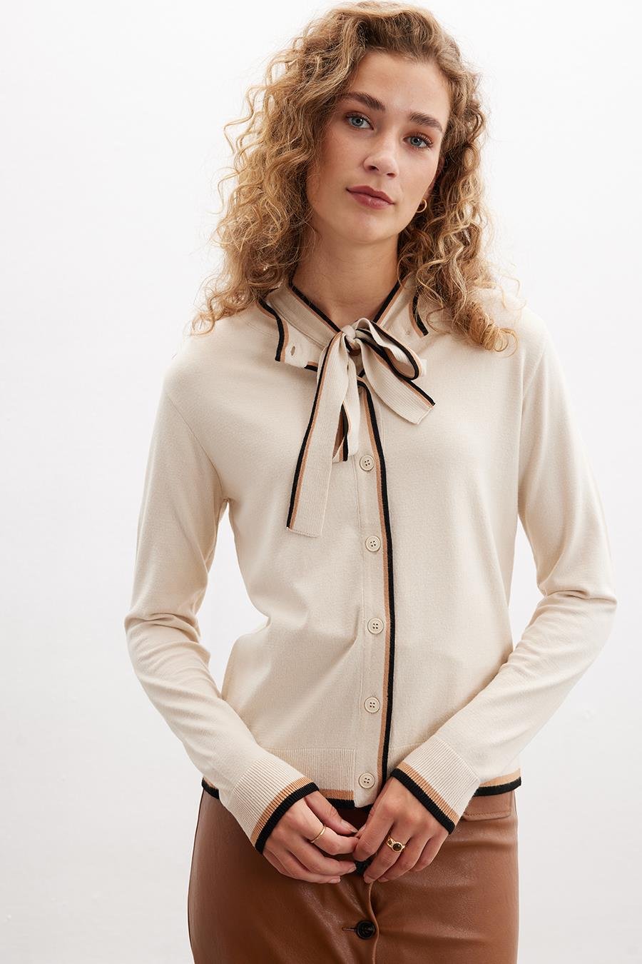 Peraluna SUZANNE CARDIGAN Çizgi Detaylı Bisiklet Yaka Düğmeli Kadın Triko Hırka - Bej