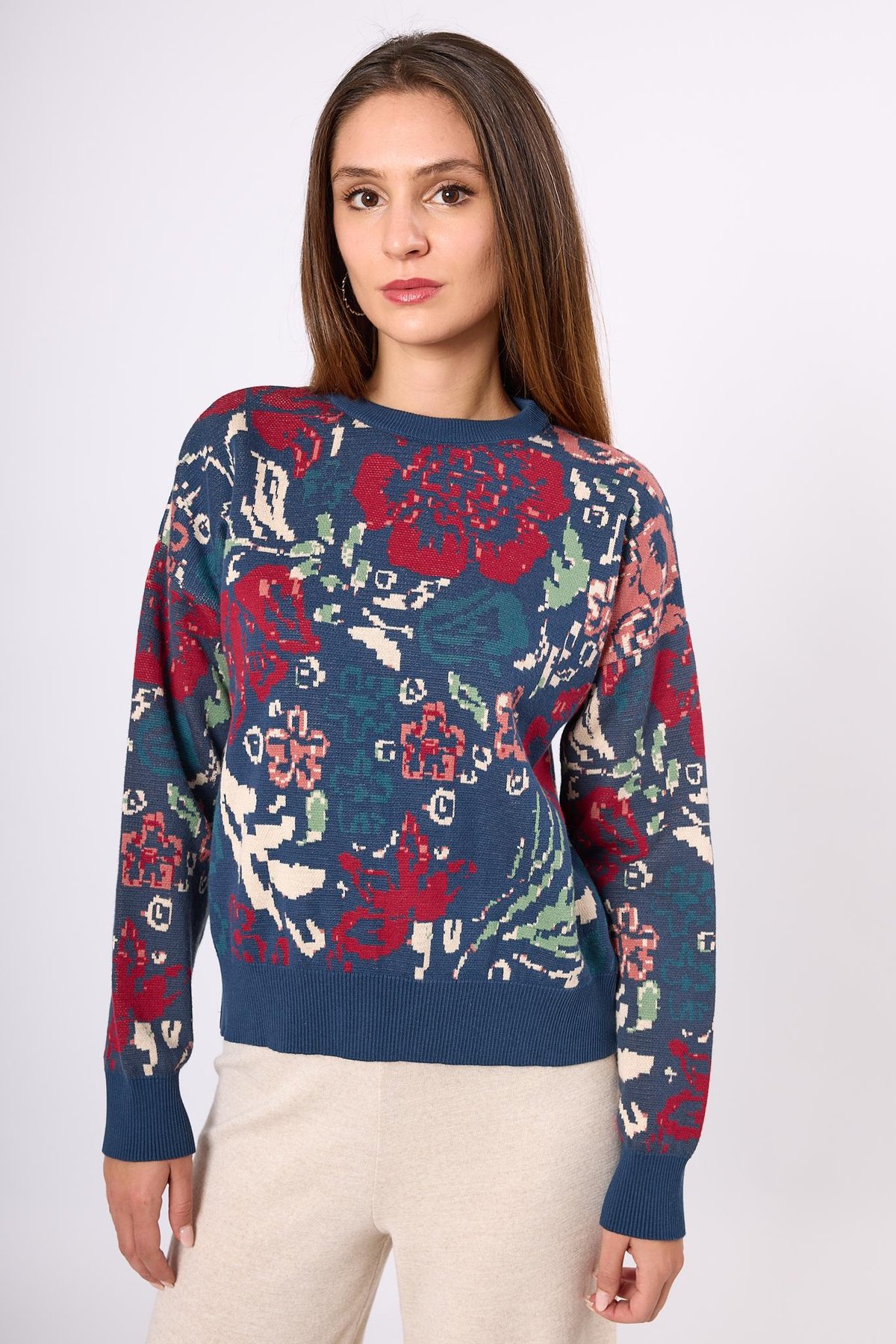 Peraluna Sweet Dreams Çiçek Jakarlı Kadın Triko Kazak - İndigo Multi