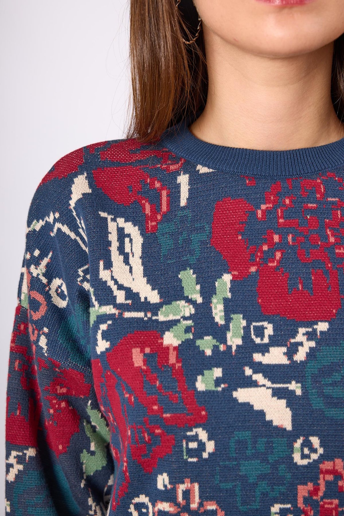 Peraluna Sweet Dreams Çiçek Jakarlı Kadın Triko Kazak - İndigo Multi