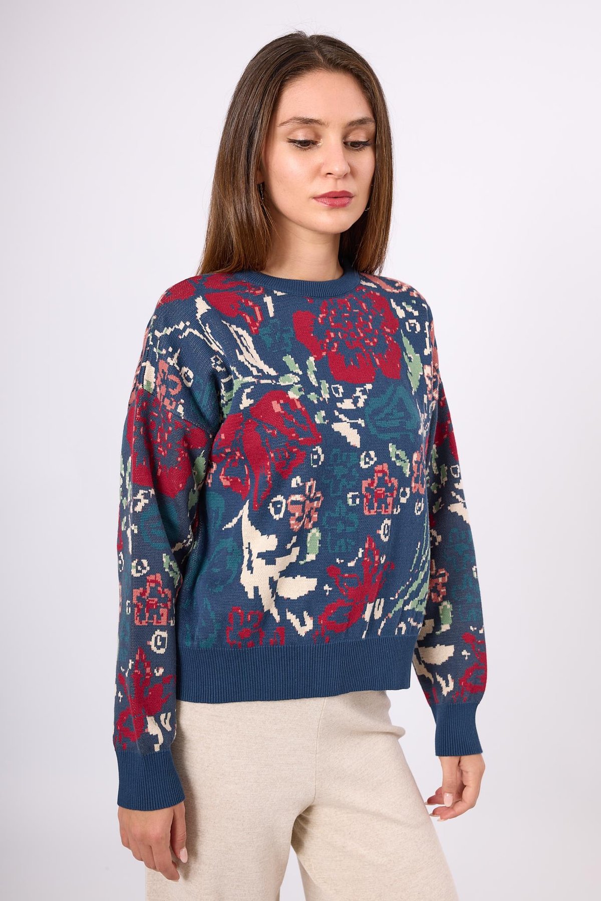 Peraluna Sweet Dreams Çiçek Jakarlı Kadın Triko Kazak - İndigo Multi