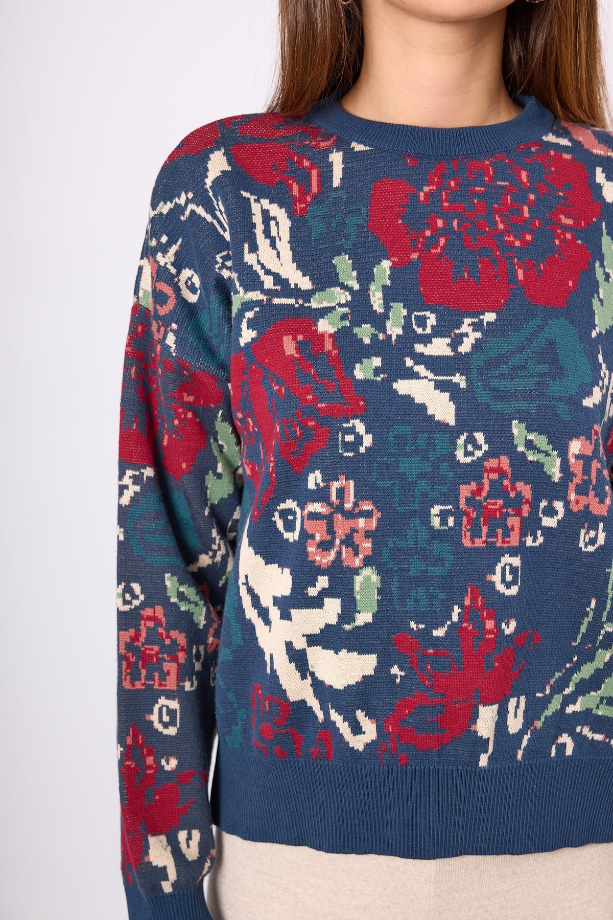 Peraluna Sweet Dreams Çiçek Jakarlı Kadın Triko Kazak - İndigo Multi