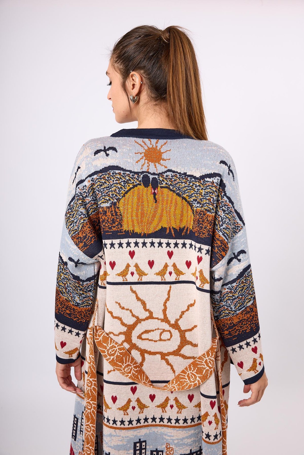 Peraluna Sweet Memories Jakarlı Kadın Uzun Triko Kimono - Lacivert Multi