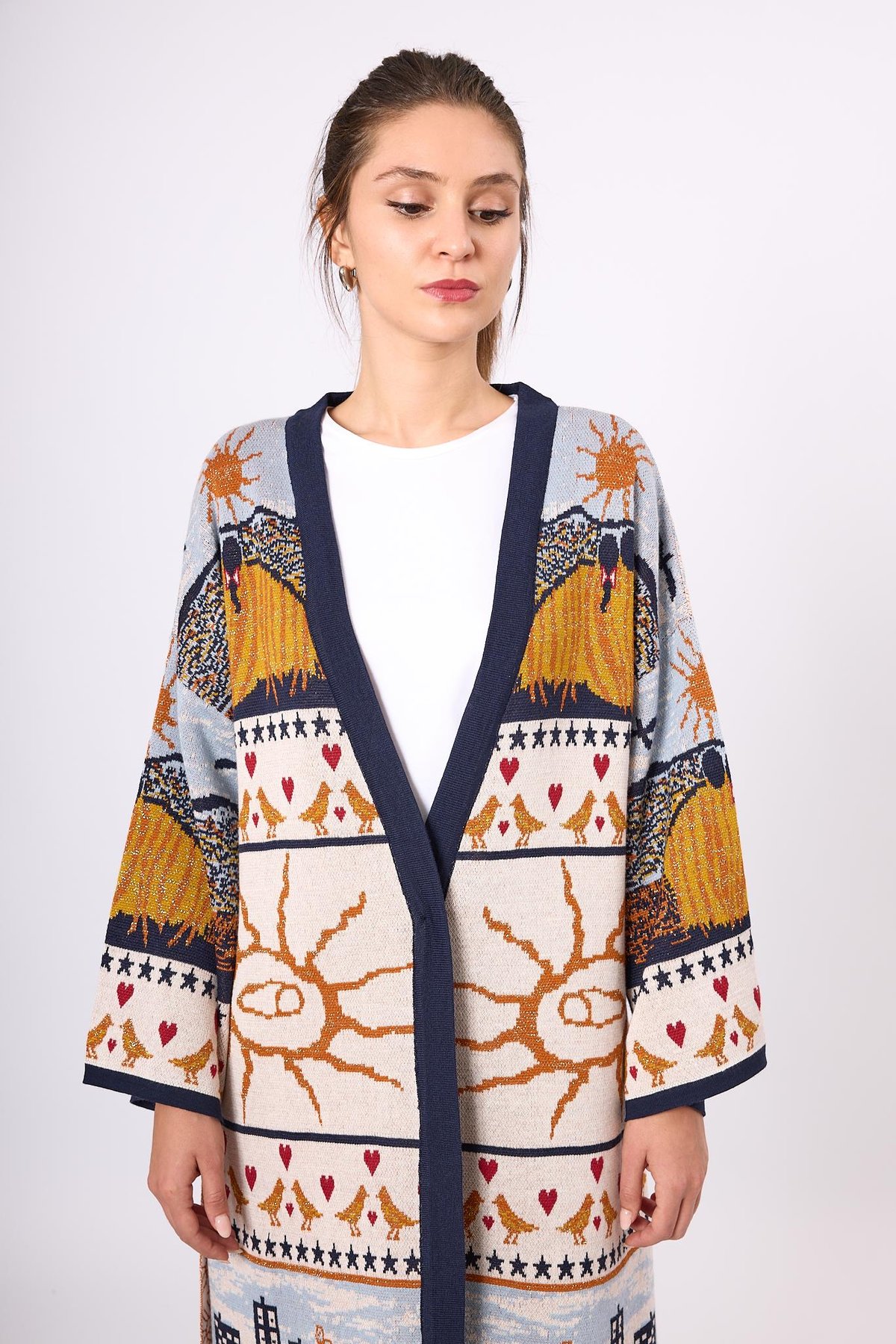 Peraluna Sweet Memories Jakarlı Kadın Uzun Triko Kimono - Lacivert Multi