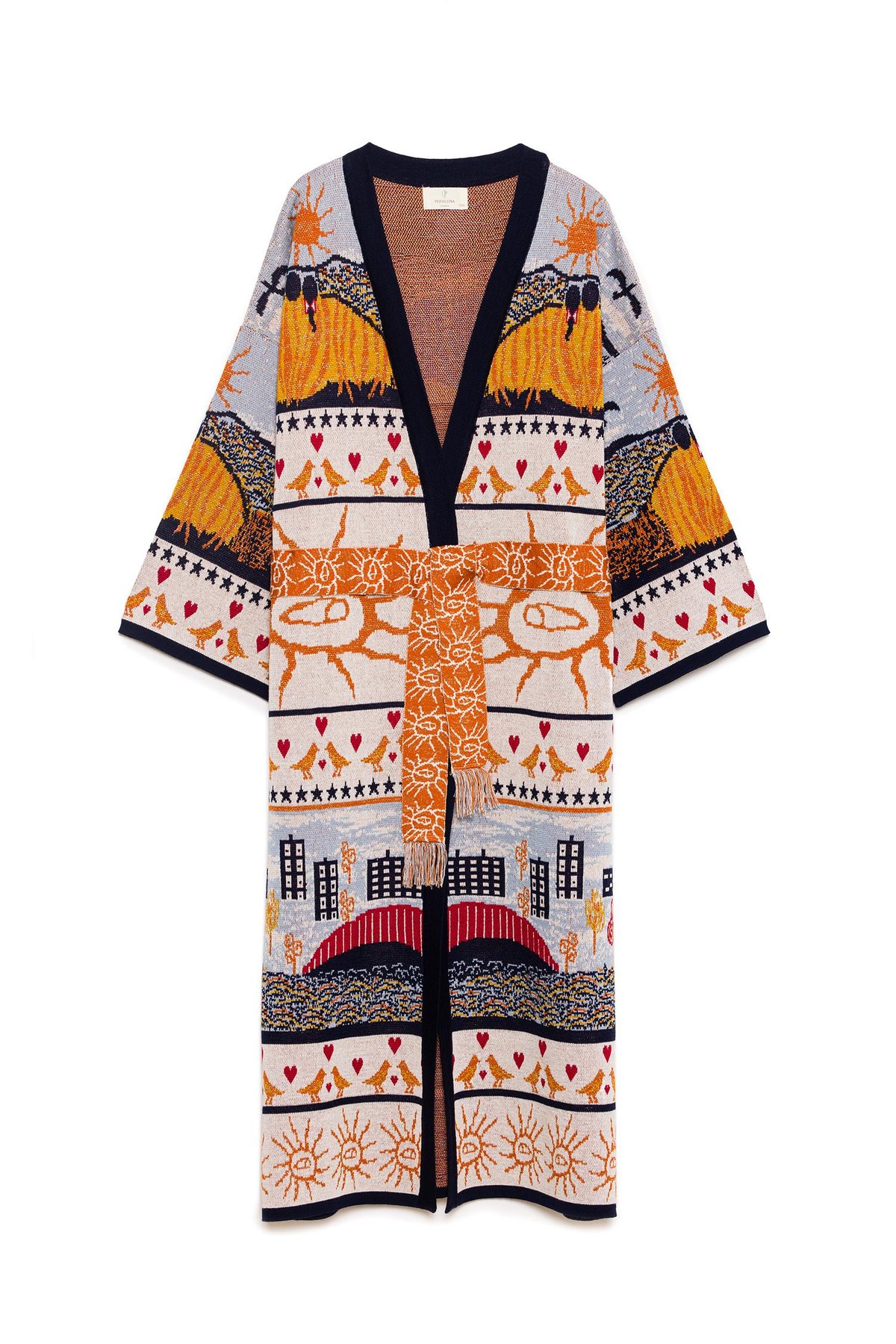 Peraluna Sweet Memories Jakarlı Kadın Uzun Triko Kimono - Lacivert Multi