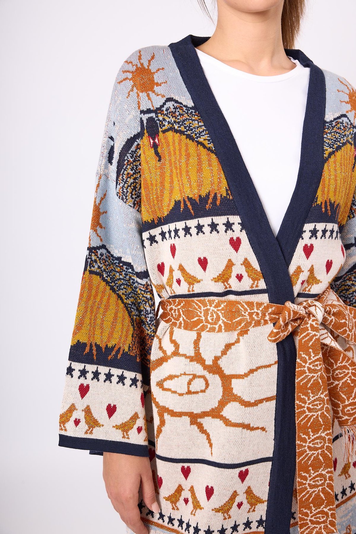 Peraluna Sweet Memories Jakarlı Kadın Uzun Triko Kimono - Lacivert Multi