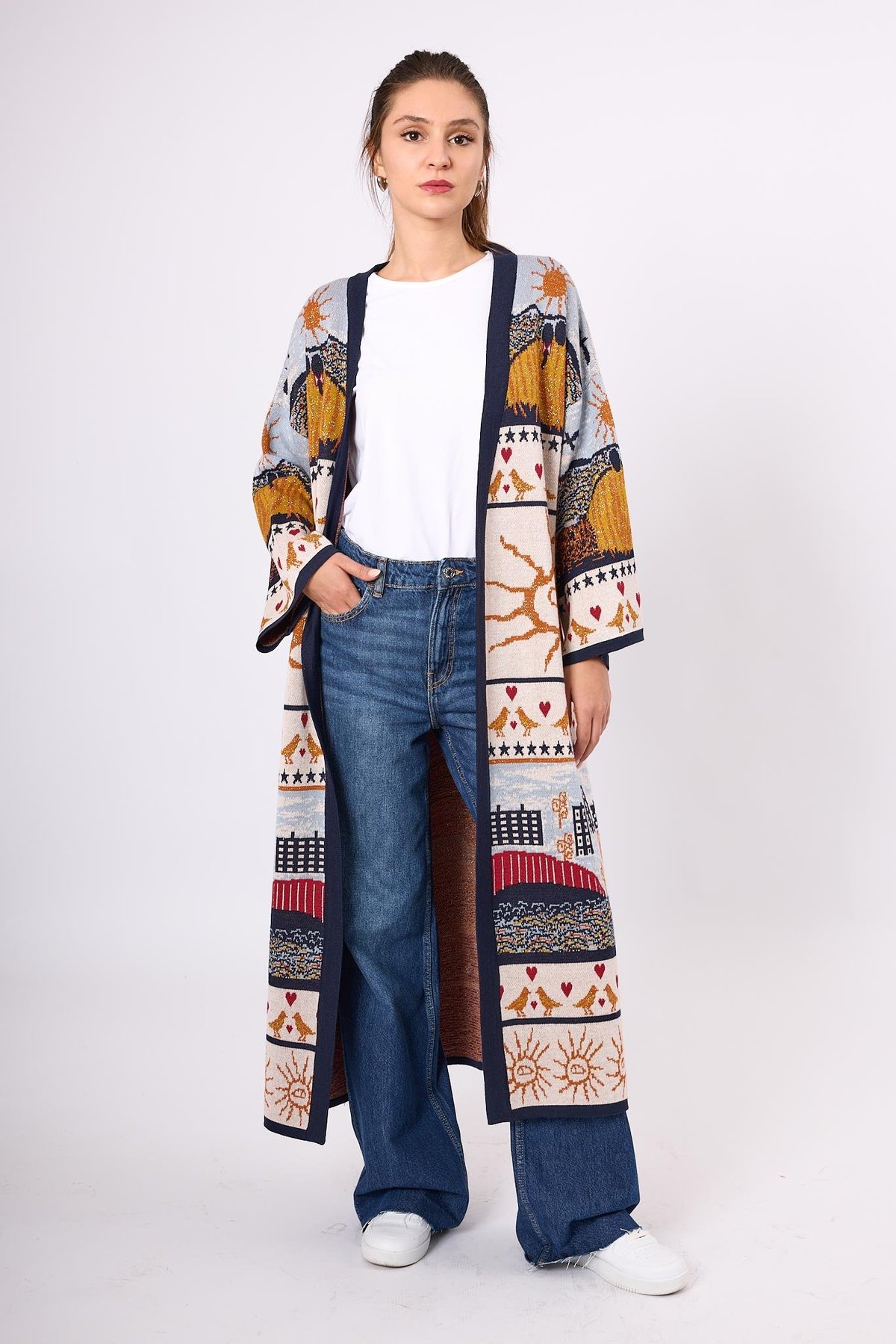 Peraluna Sweet Memories Jakarlı Kadın Uzun Triko Kimono - Lacivert Multi