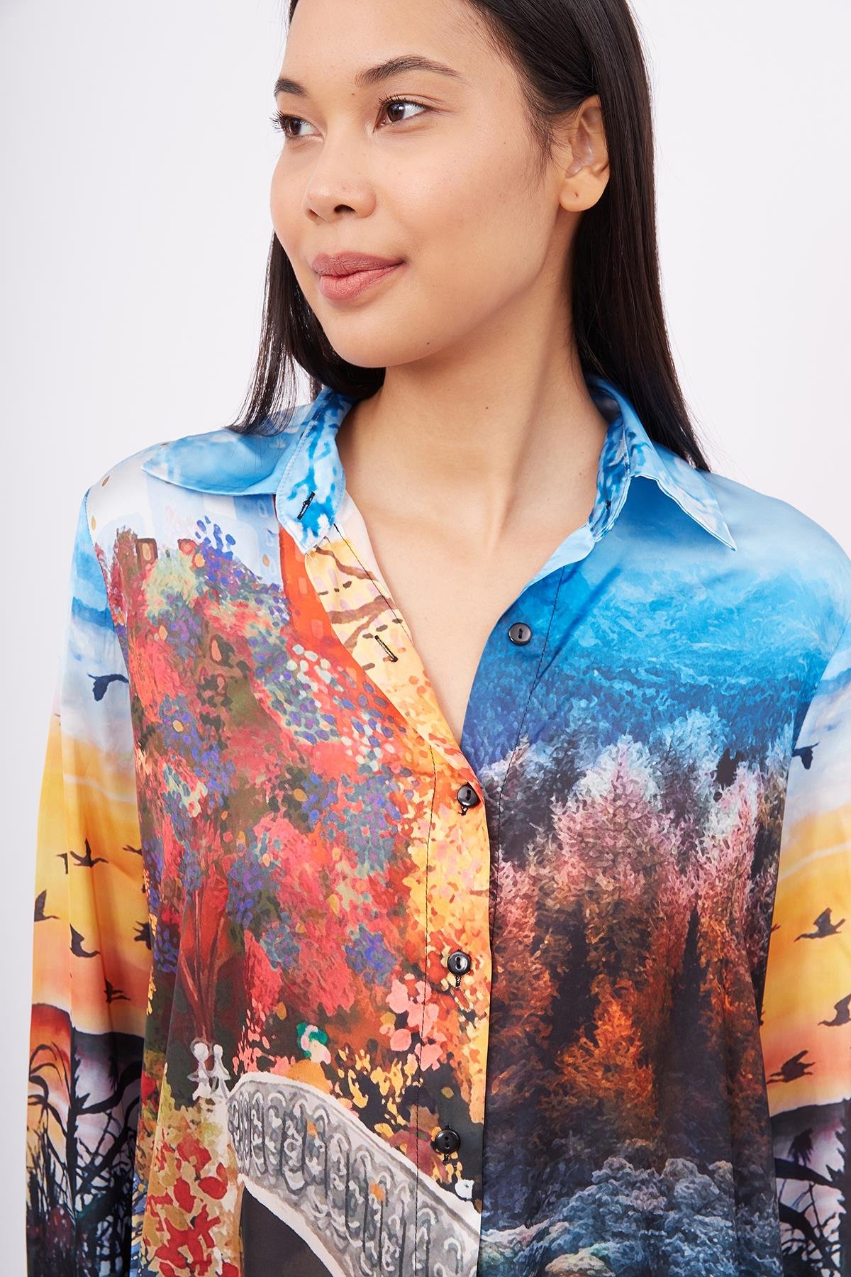 Peraluna SWEET MEMORIES LONG SHIRT DRESS Manzara Baskılı 120 CM Saten Uzun Gömlek Elbise - Çok Renkli