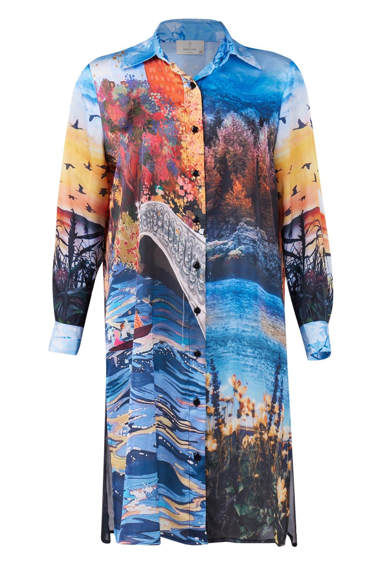 Peraluna SWEET MEMORIES LONG SHIRT DRESS Manzara Baskılı 120 CM Saten Uzun Gömlek Elbise - Çok Renkli