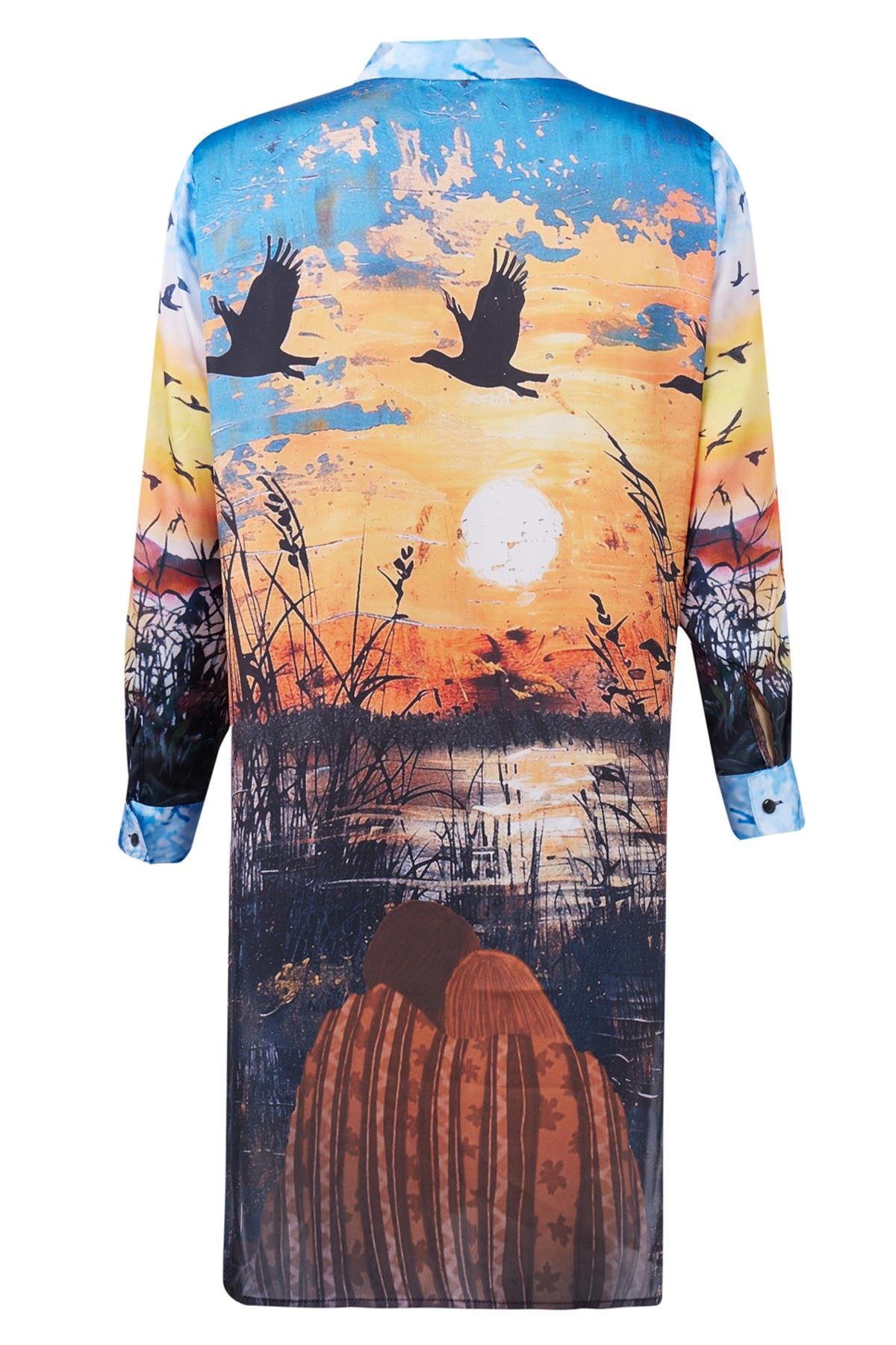 Peraluna SWEET MEMORIES LONG SHIRT DRESS Manzara Baskılı 120 CM Saten Uzun Gömlek Elbise - Çok Renkli