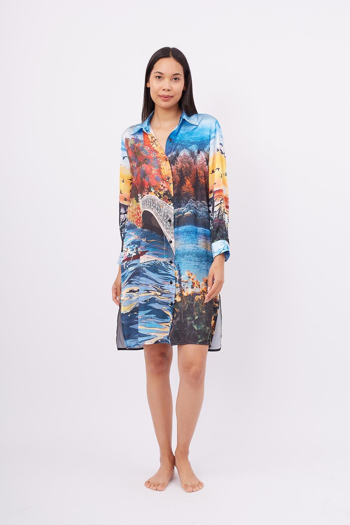 Peraluna SWEET MEMORIES LONG SHIRT DRESS Manzara Baskılı 120 CM Saten Uzun Gömlek Elbise - Çok Renkli