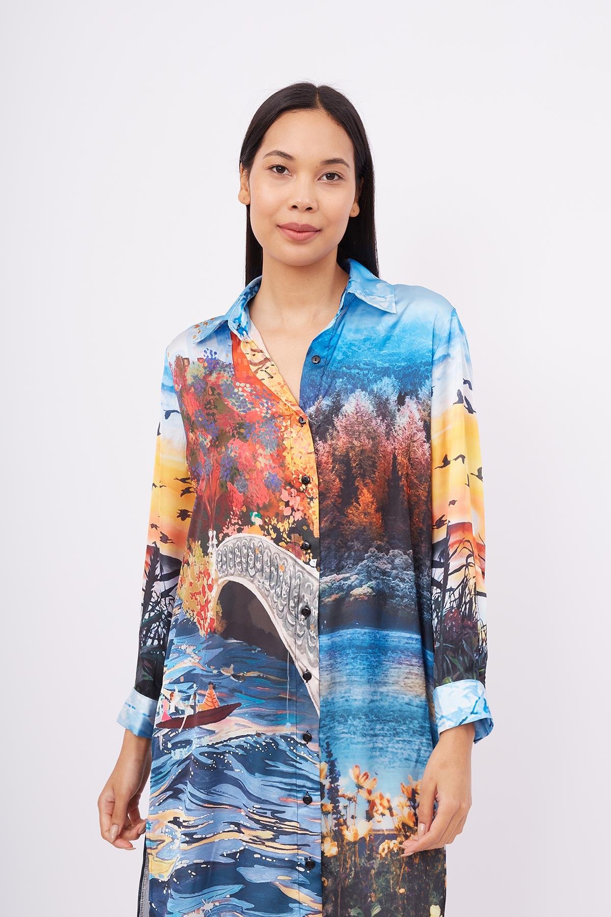 Peraluna SWEET MEMORIES LONG SHIRT DRESS Manzara Baskılı 120 CM Saten Uzun Gömlek Elbise - Çok Renkli