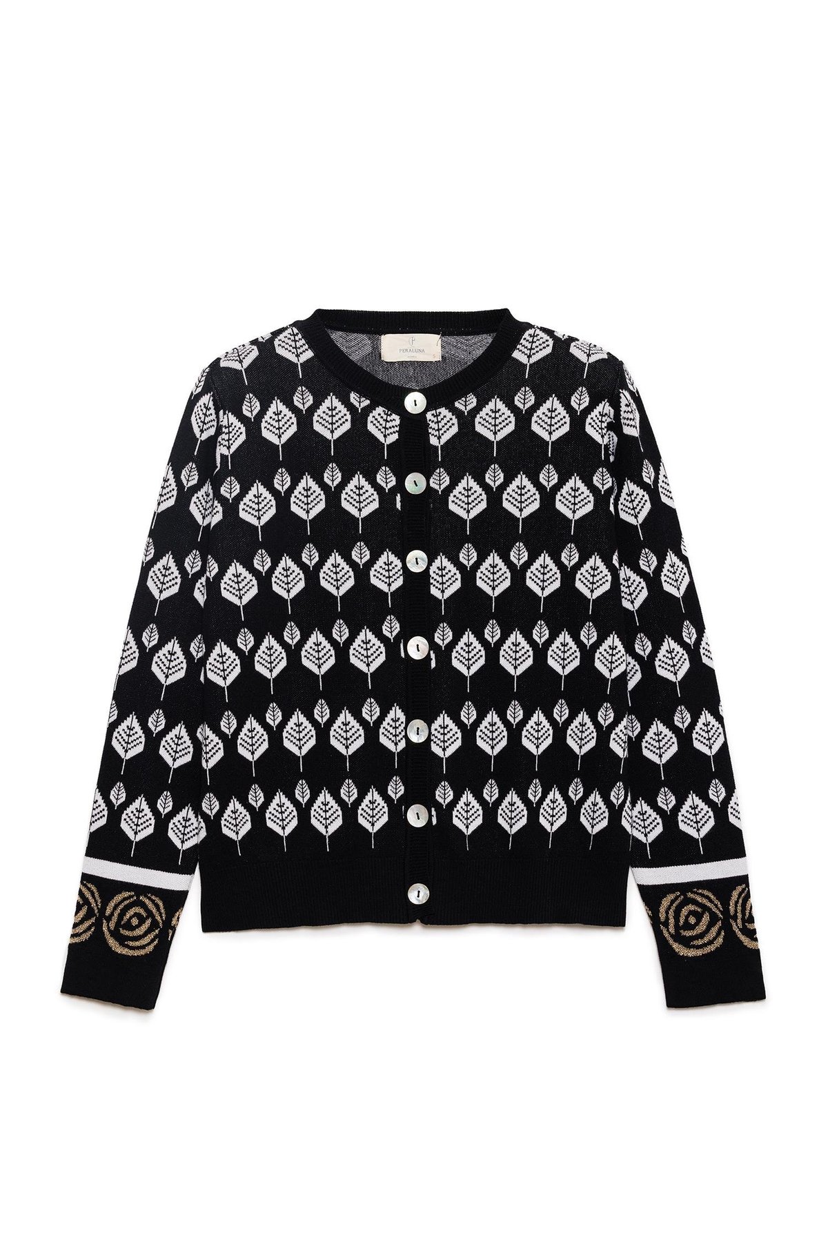 Peraluna Thelma Yaprak Jakarlı Kadın Triko Hirka - Siyah/Ekru