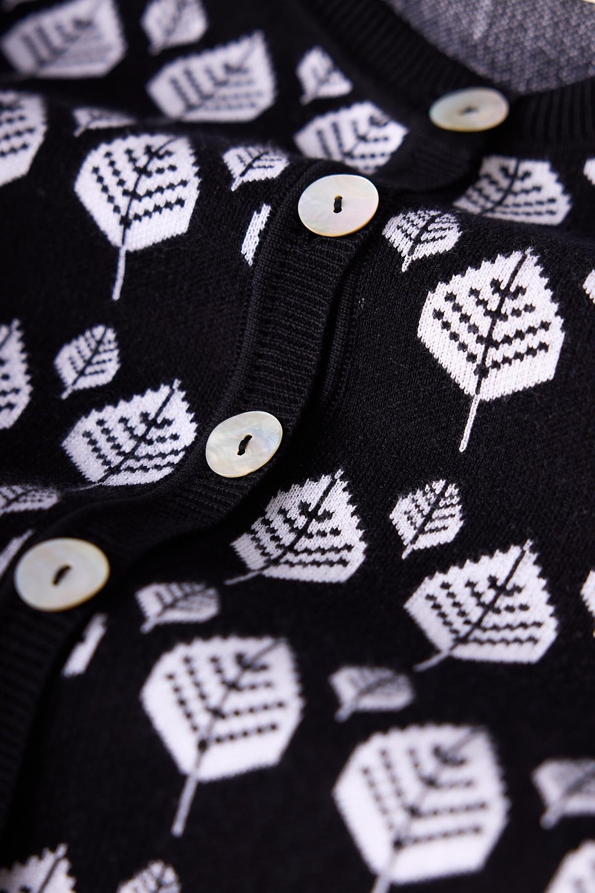 Peraluna Thelma Yaprak Jakarlı Kadın Triko Hirka - Siyah/Ekru