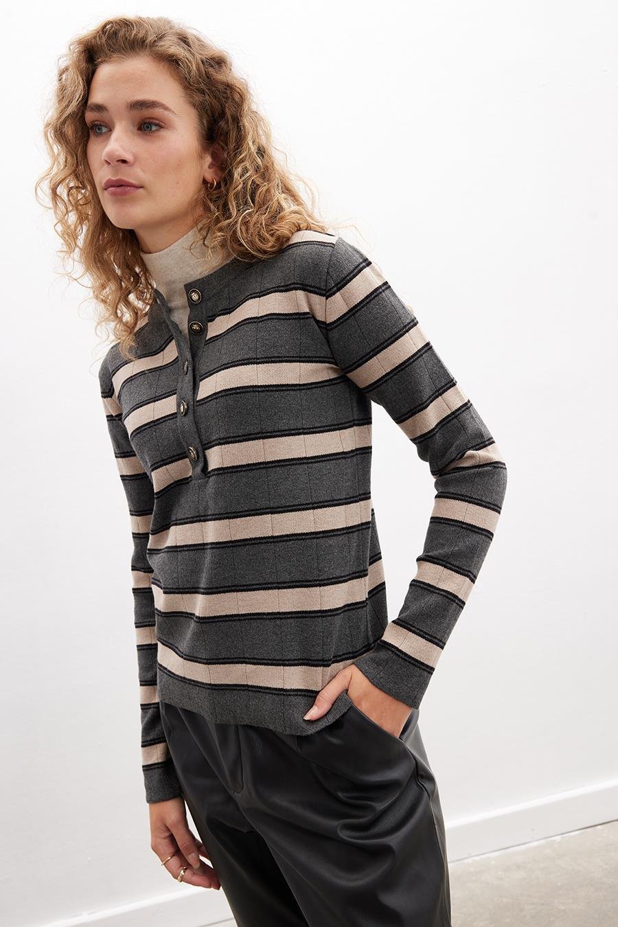 Peraluna TINA PULLOVER Çizgi Desenli Düğme Detaylı Kadın Triko Kazak - Antrasit