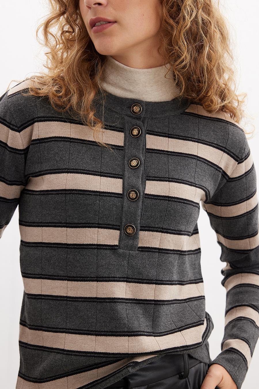 Peraluna TINA PULLOVER Çizgi Desenli Düğme Detaylı Kadın Triko Kazak - Antrasit