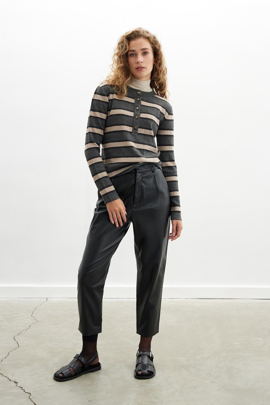 Peraluna TINA PULLOVER Çizgi Desenli Düğme Detaylı Kadın Triko Kazak - Antrasit
