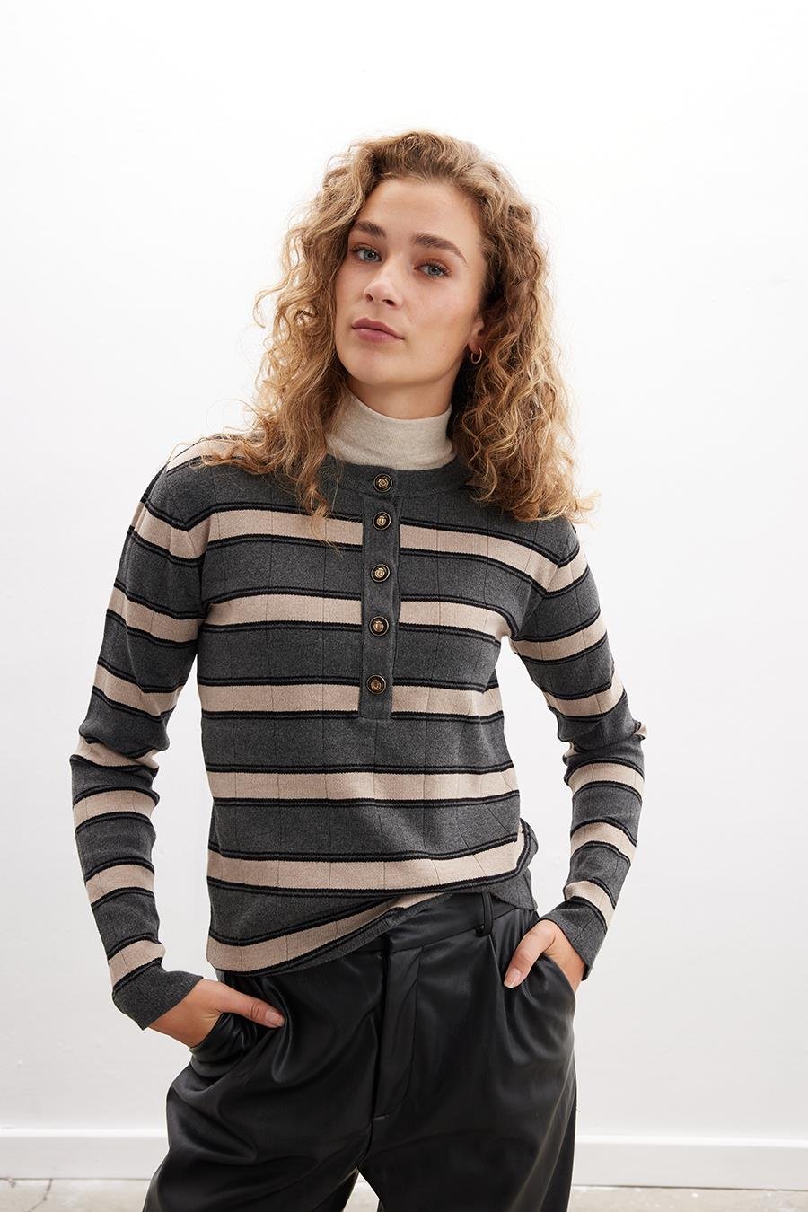 Peraluna TINA PULLOVER Çizgi Desenli Düğme Detaylı Kadın Triko Kazak - Antrasit
