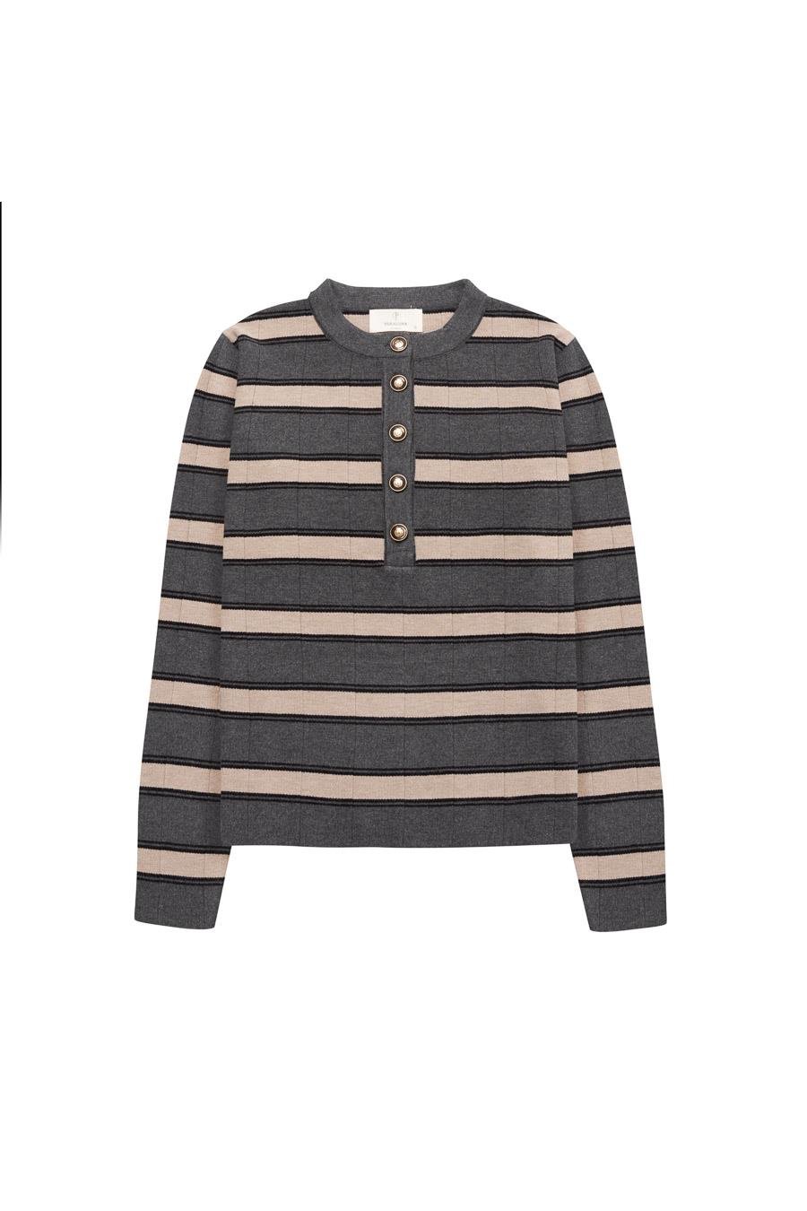 Peraluna TINA PULLOVER Çizgi Desenli Düğme Detaylı Kadın Triko Kazak - Antrasit