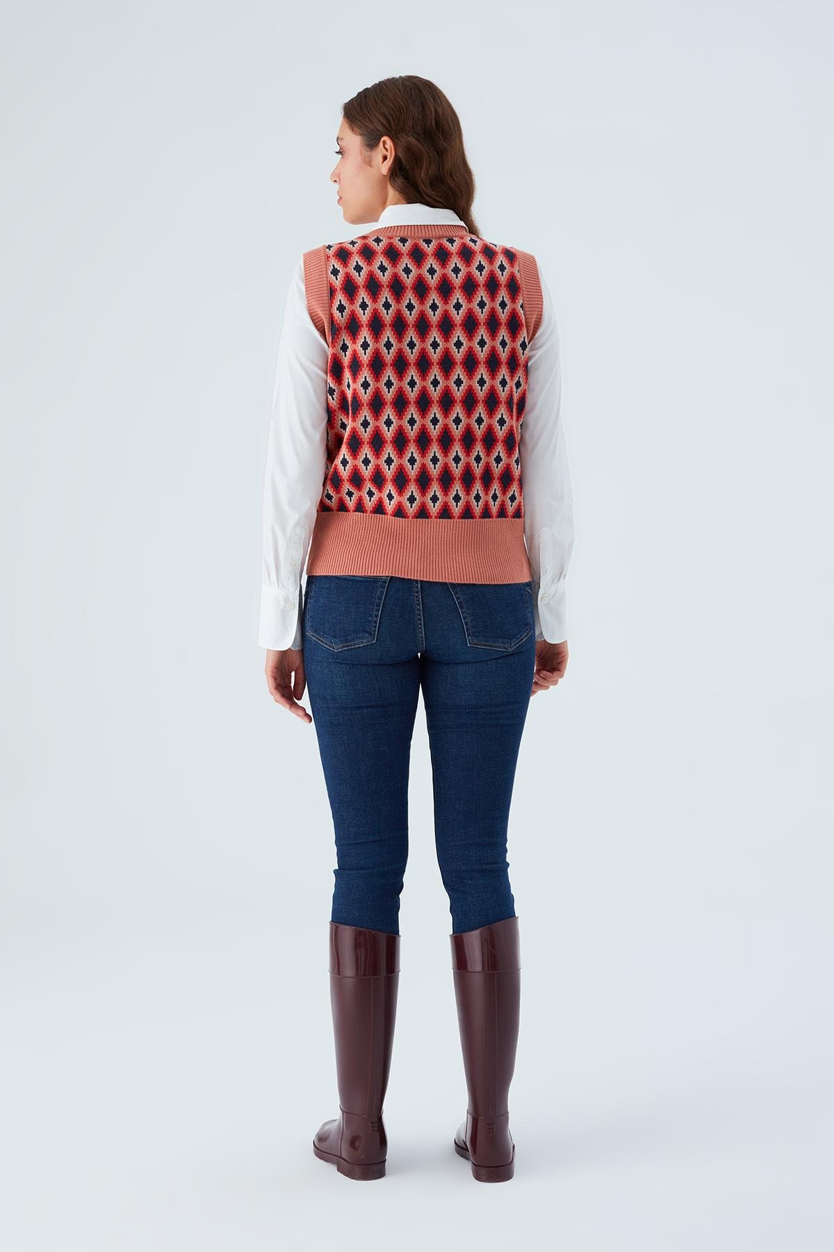 Peraluna TRUDY SLIPOVER Baklava Desenli Kadın Triko Süveter Multi Somon