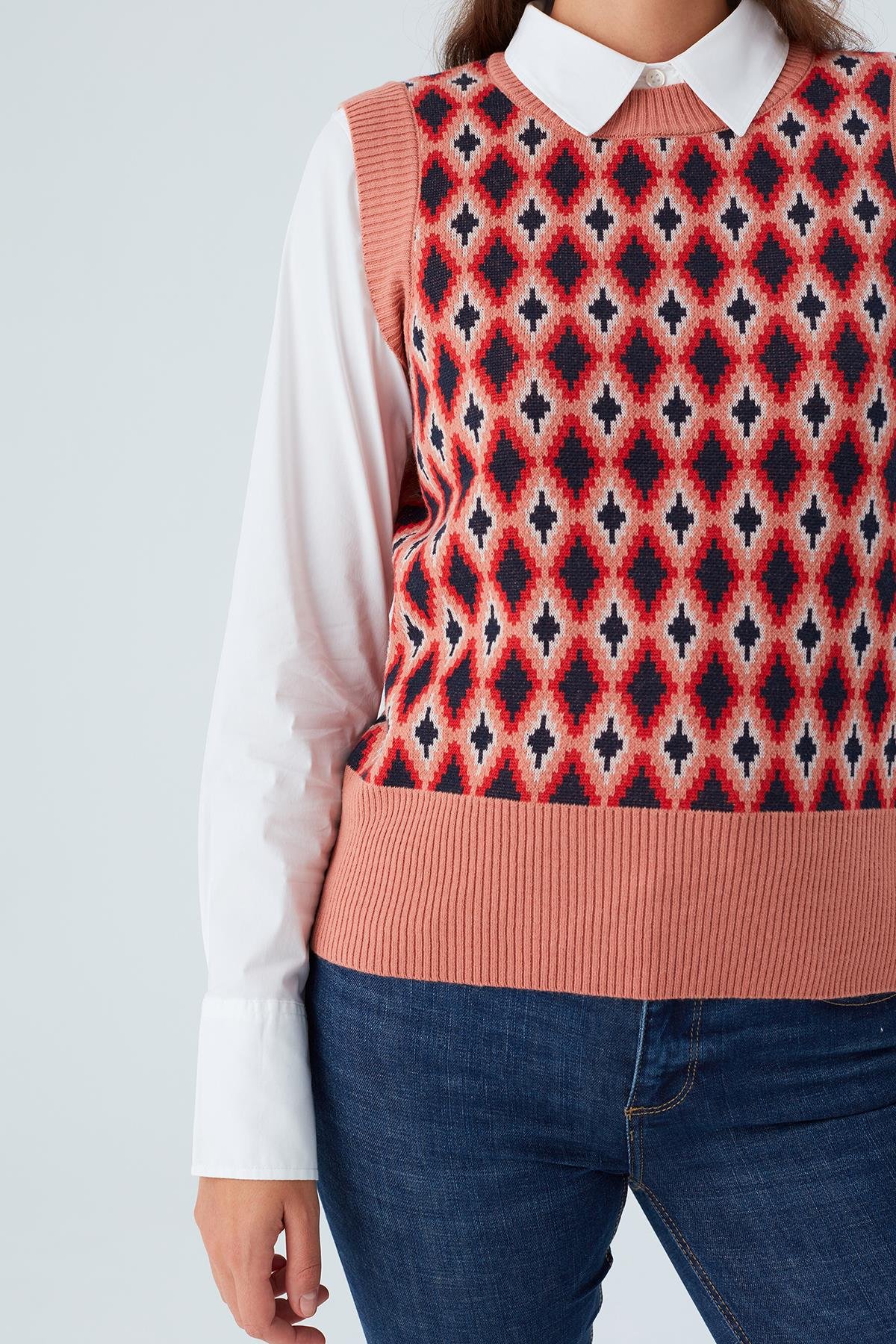 Peraluna TRUDY SLIPOVER Baklava Desenli Kadın Triko Süveter Multi Somon