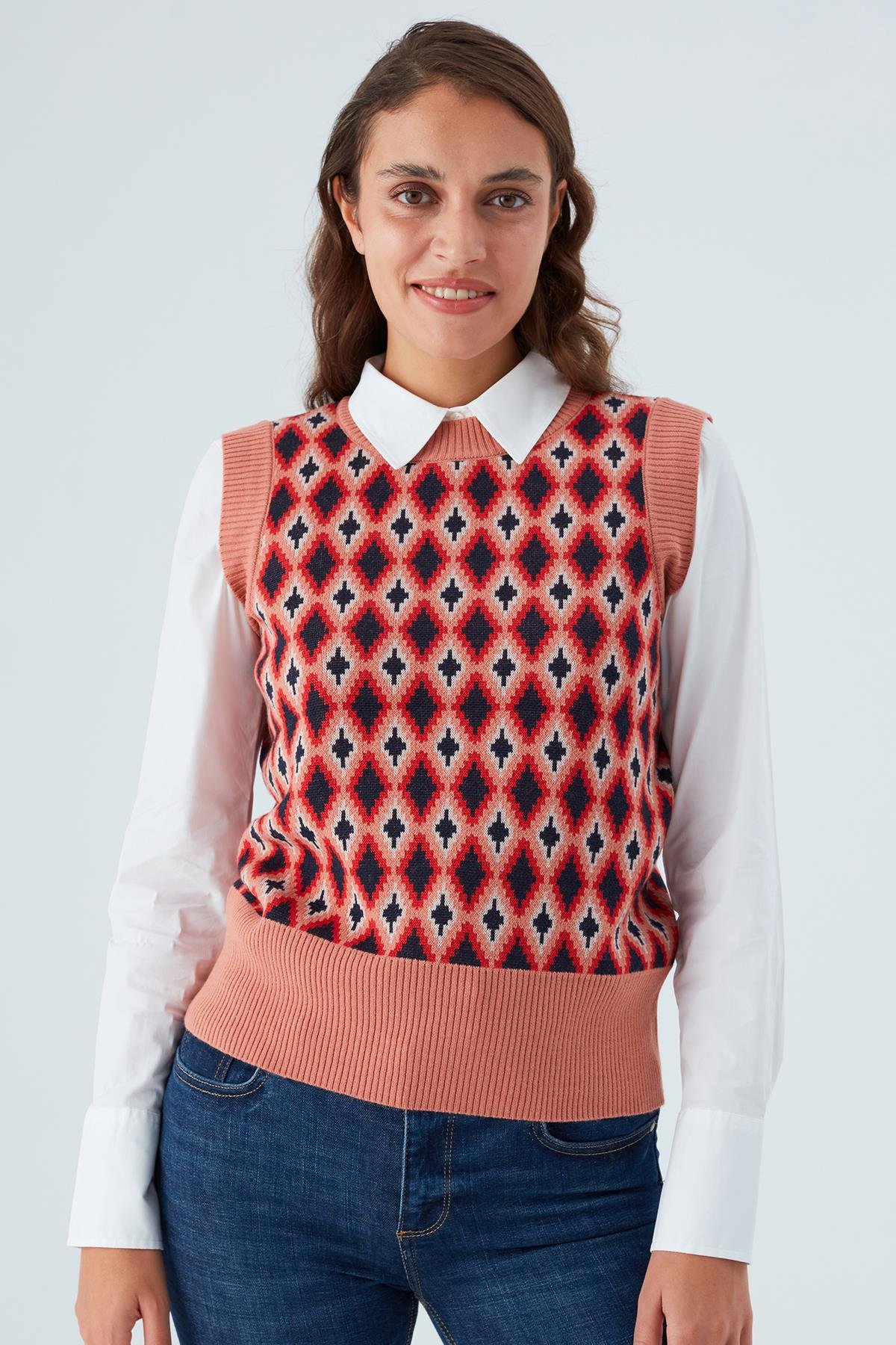 Peraluna TRUDY SLIPOVER Baklava Desenli Kadın Triko Süveter Multi Somon