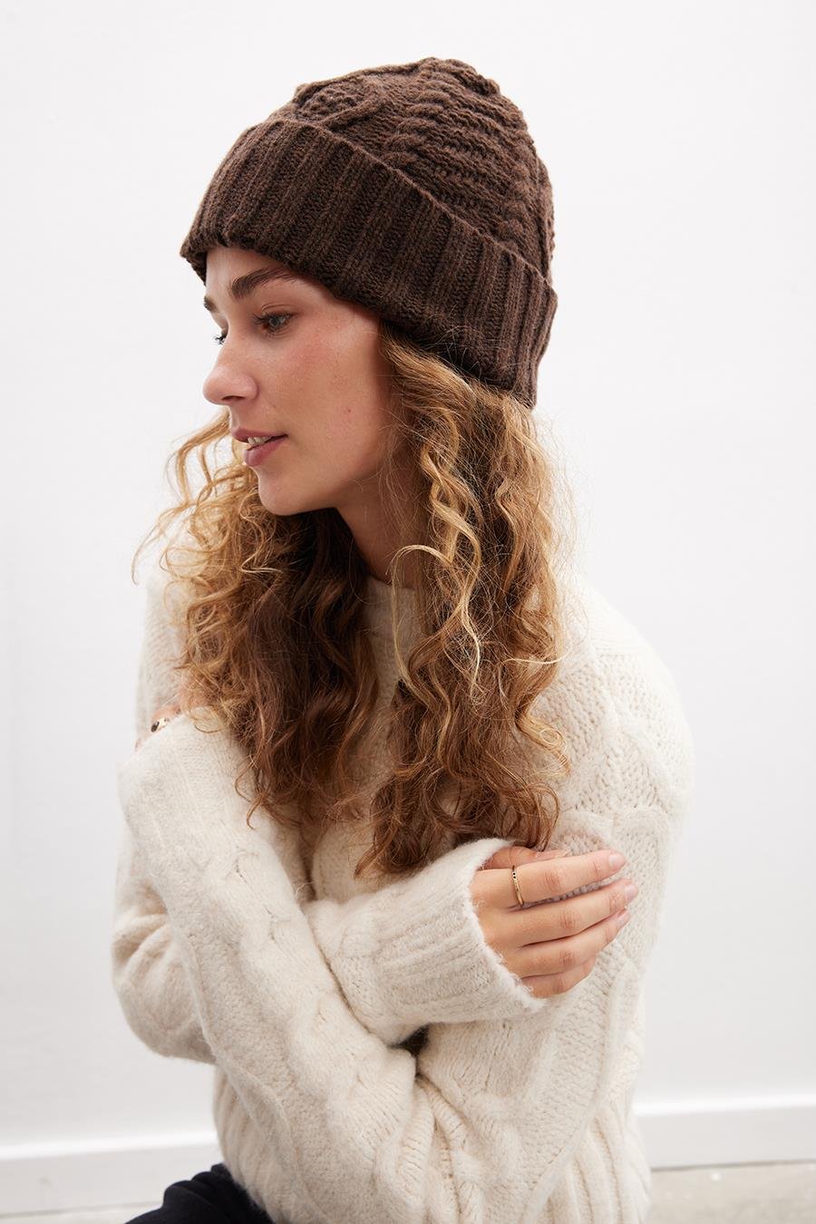 Peraluna TWINKLE BEANIE Saç Örgü Kadın Triko Bere - Kahve