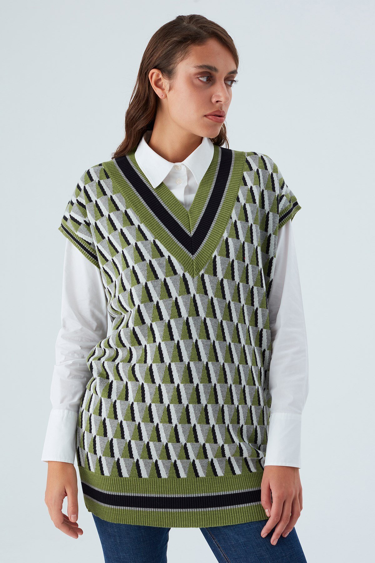 Peraluna Uzun V Yaka Kadın Triko Süveter Çok Renkli