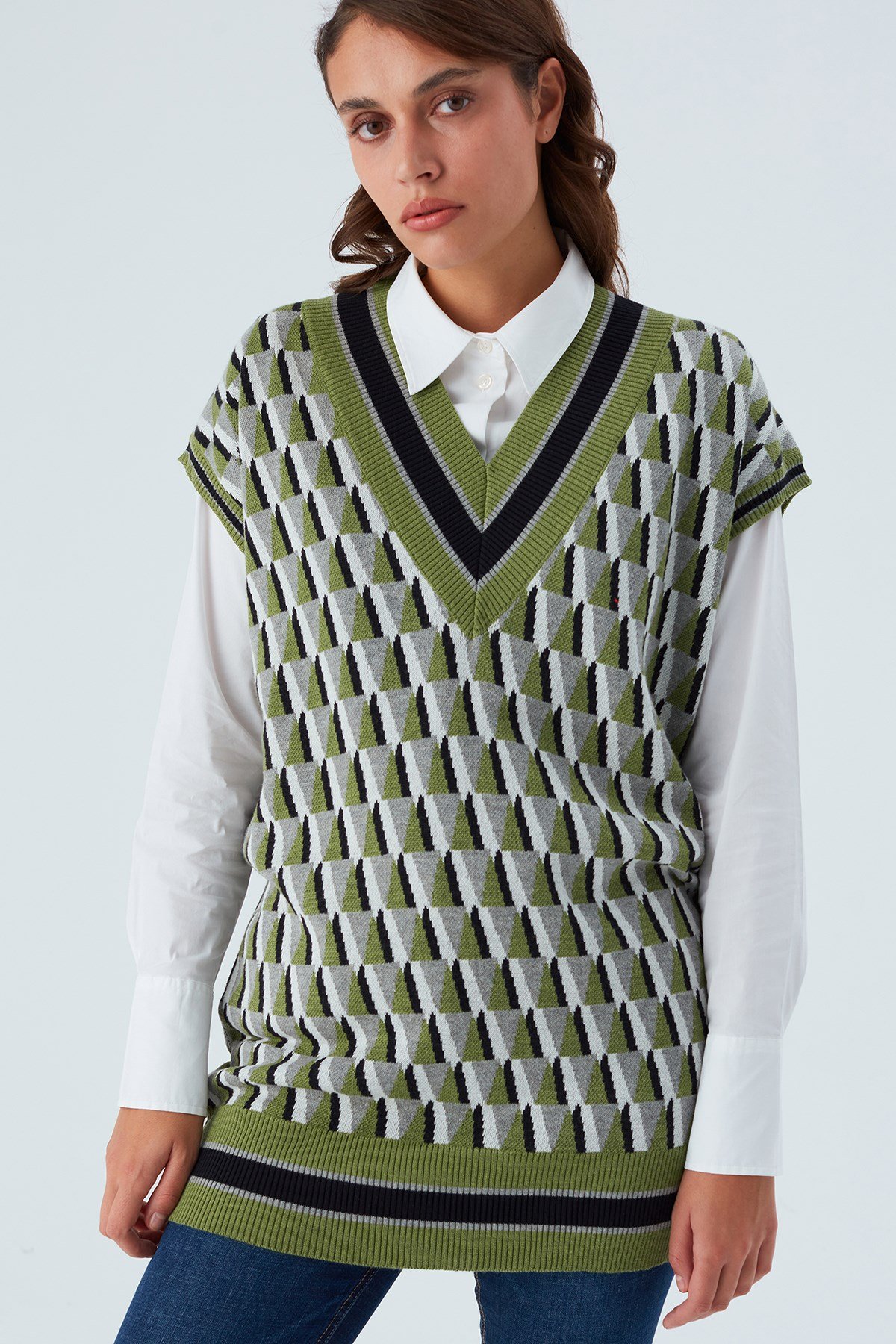 Peraluna Uzun V Yaka Kadın Triko Süveter Çok Renkli