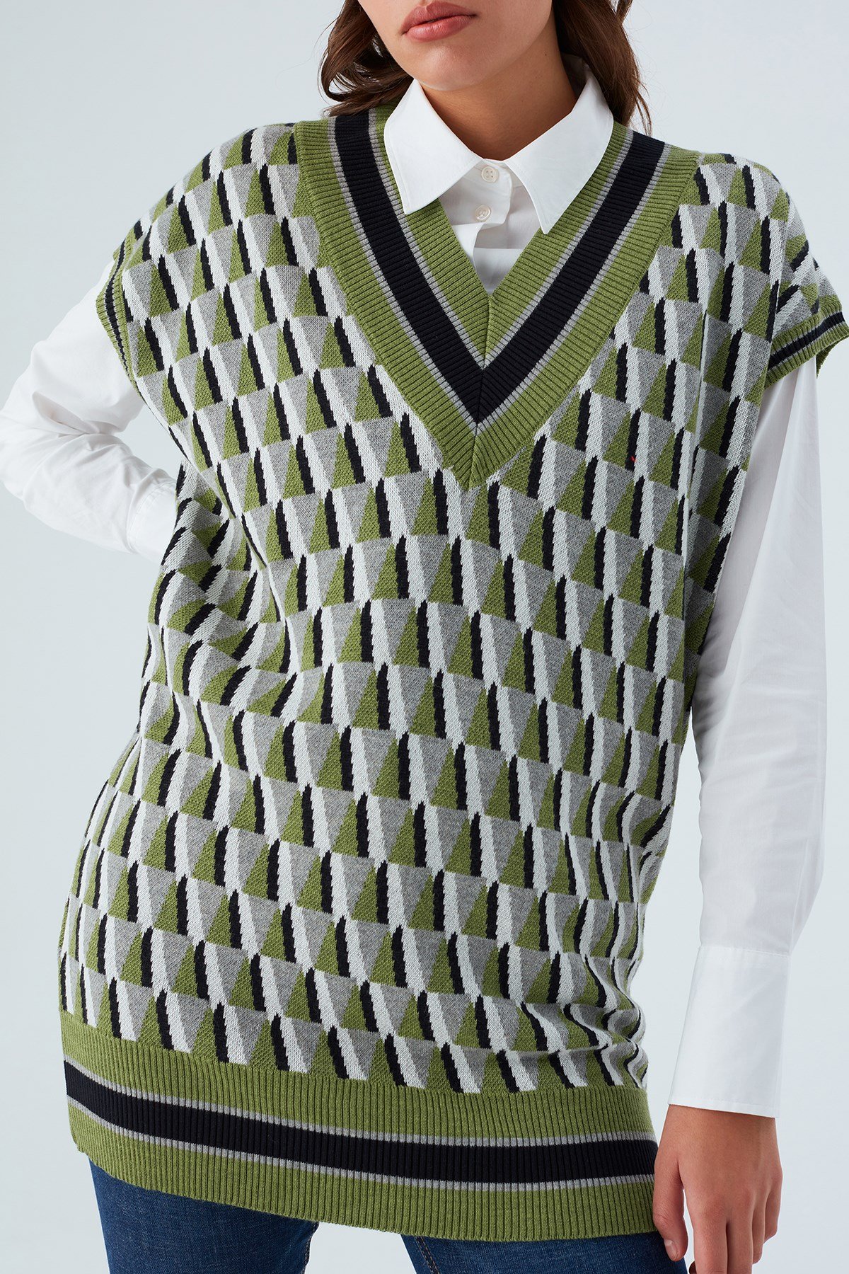 Peraluna Uzun V Yaka Kadın Triko Süveter Çok Renkli