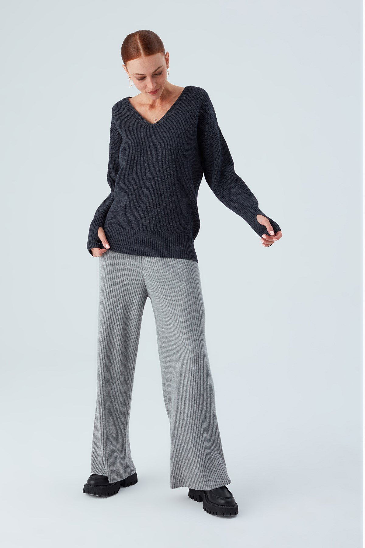 Peraluna V-neck Loose Cut Cashmere Blend Women Knitwear Sweater - Anthracite