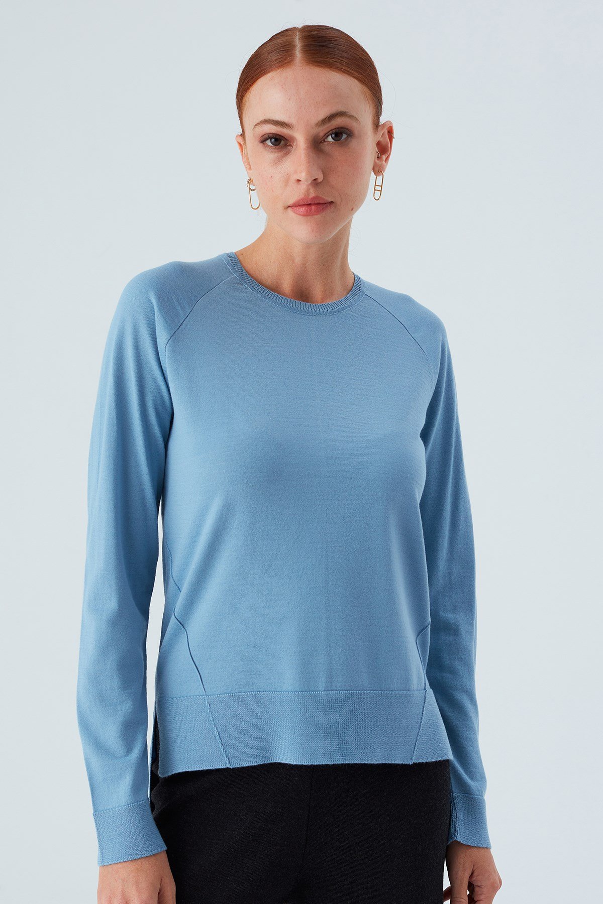 Peraluna VANESSA PULLOVER Merino Yünlü Yanları Yırtmaçlı Ince Kadın Triko Kazak Mavi