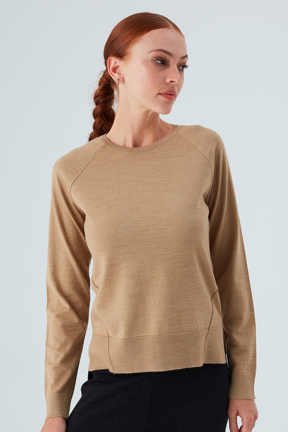 Peraluna VANESSA PULLOVER Merino Yünlü Yanları Yırtmaçlı Ince Kadın Triko Kazak Camel Melanj