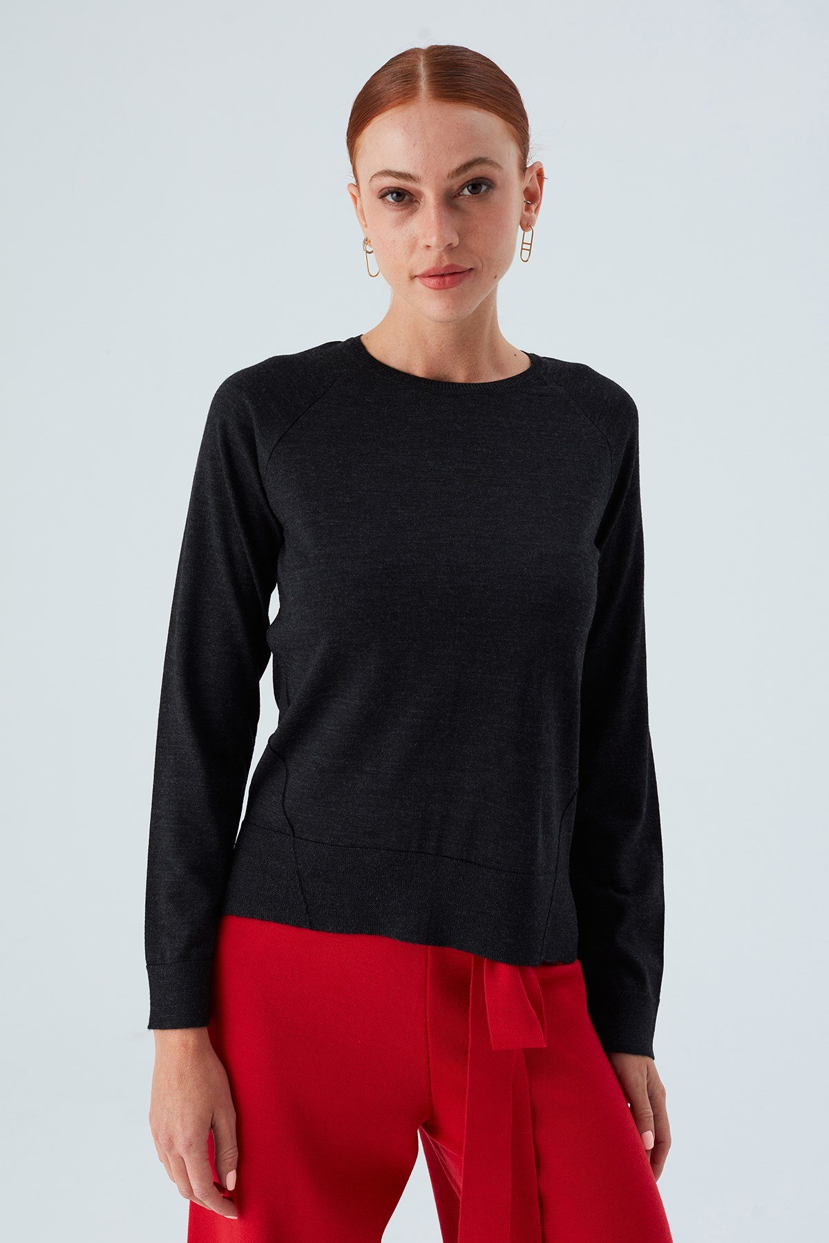 Peraluna VANESSA PULLOVER Merino Yünlü Yanları Yırtmaçlı Ince Kadın Triko Kazak Antrasit Melanj