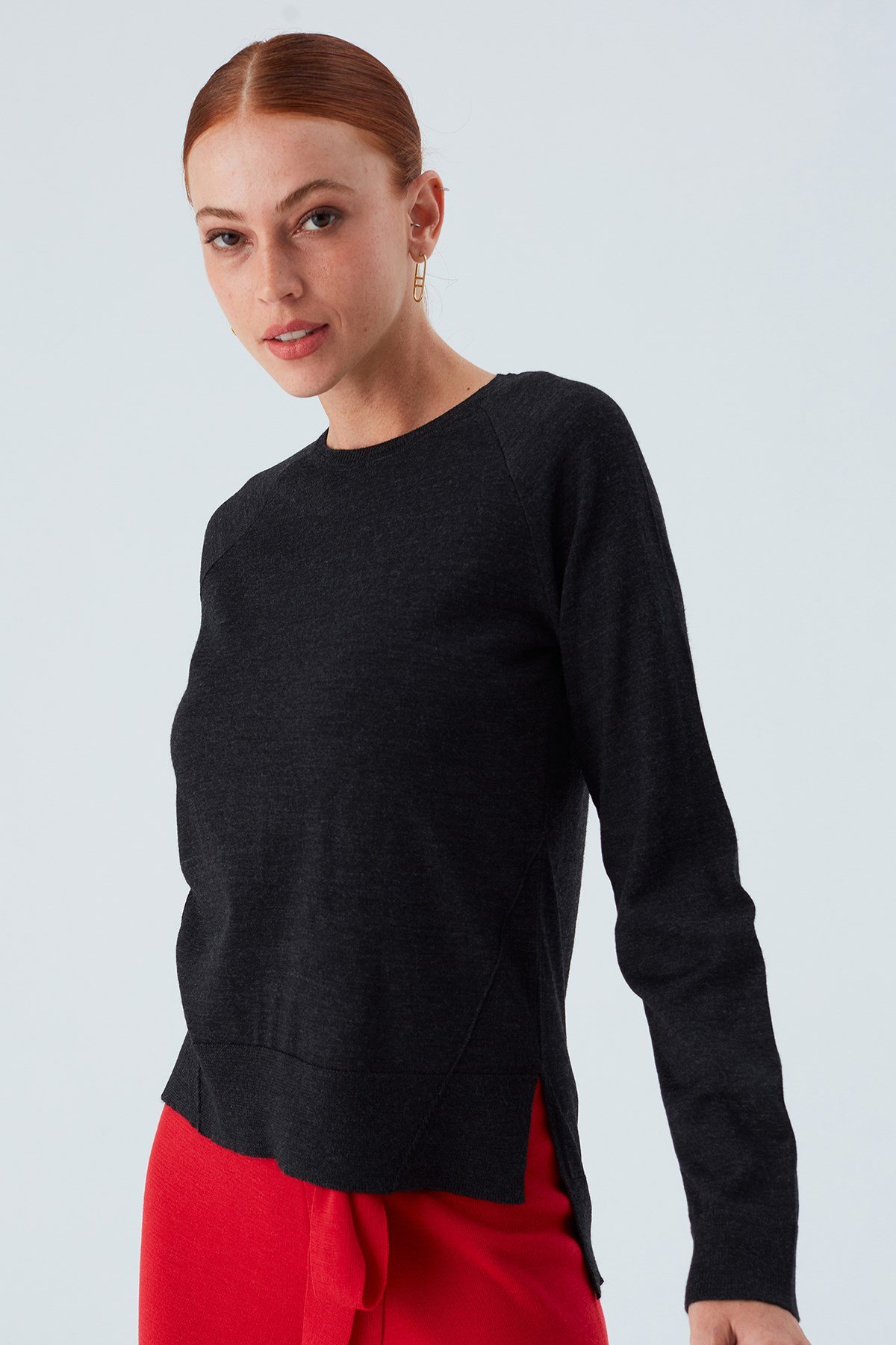 Peraluna VANESSA PULLOVER Merino Yünlü Yanları Yırtmaçlı Ince Kadın Triko Kazak Antrasit Melanj