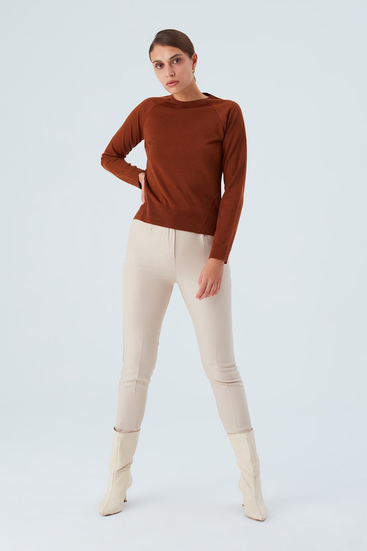 Peraluna VANESSA PULLOVER Merino Yünlü Yanları Yırtmaçlı Ince Kadın Triko Kazak Kahve