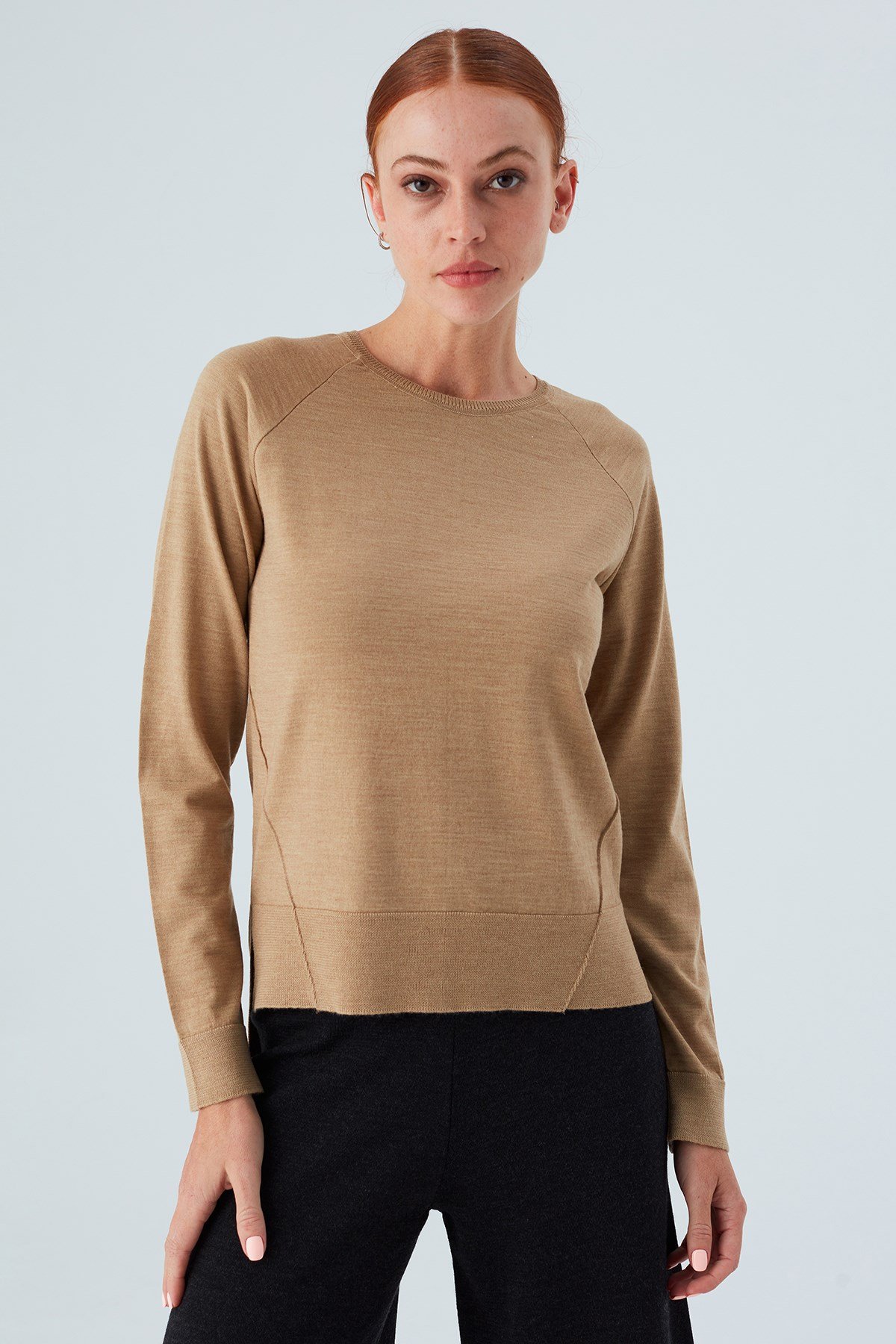 Peraluna VANESSA PULLOVER Merino Yünlü Yanları Yırtmaçlı Ince Kadın Triko Kazak Camel Melanj