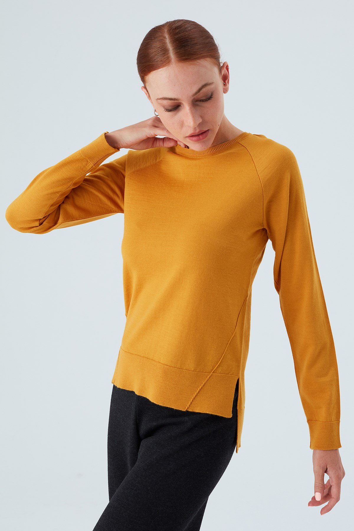 Peraluna VANESSA PULLOVER Merino Yünlü Yanları Yırtmaçlı Ince Kadın Triko Kazak Sarı