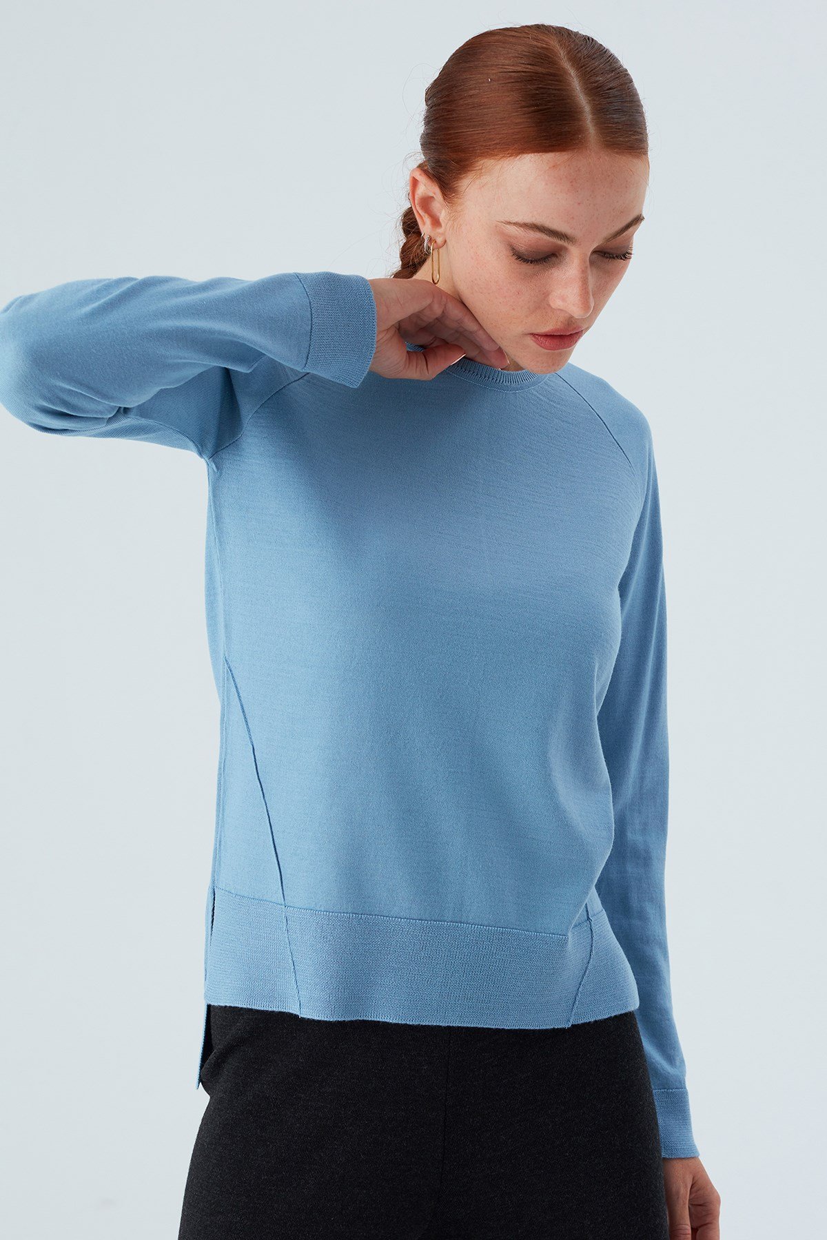 Peraluna VANESSA PULLOVER Merino Yünlü Yanları Yırtmaçlı Ince Kadın Triko Kazak Mavi