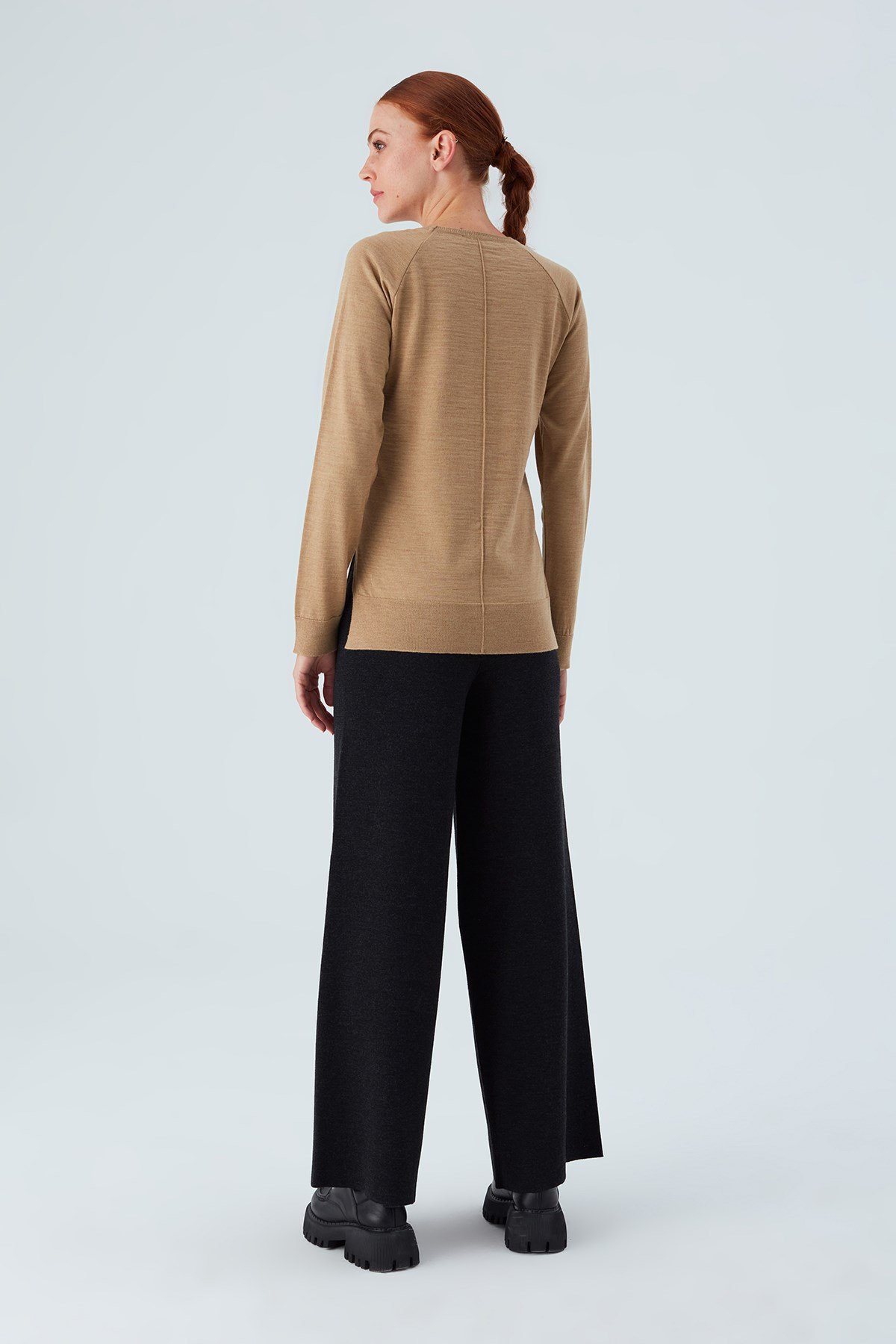 Peraluna VANESSA PULLOVER Merino Yünlü Yanları Yırtmaçlı Ince Kadın Triko Kazak Camel Melanj