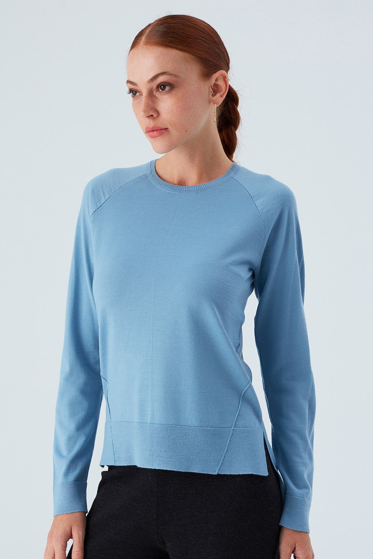 Peraluna VANESSA PULLOVER Merino Yünlü Yanları Yırtmaçlı Ince Kadın Triko Kazak Mavi