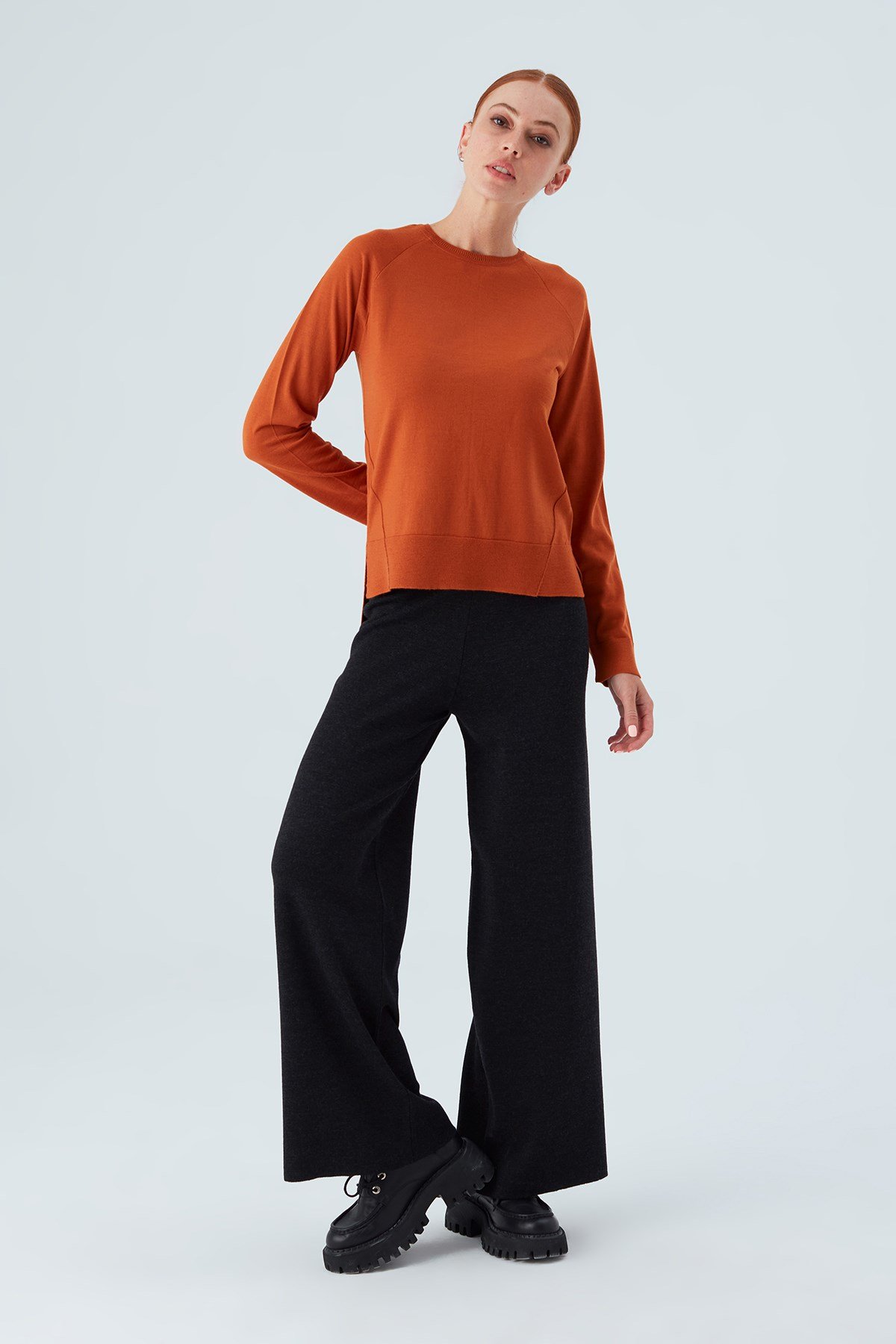 Peraluna VANESSA PULLOVER Merino Yünlü Yanları Yırtmaçlı Ince Kadın Triko Kazak Turuncu